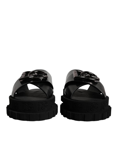 Dolce & Gabbana Black Leather DG Criss Cross Slides Sandals Shoes - Hilstor