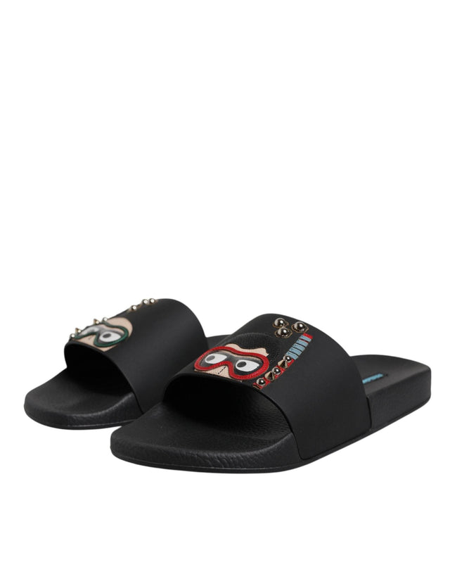 Dolce & Gabbana Black Divers Leather Flats Slides Sandals Beachwear Shoes - Hilstor