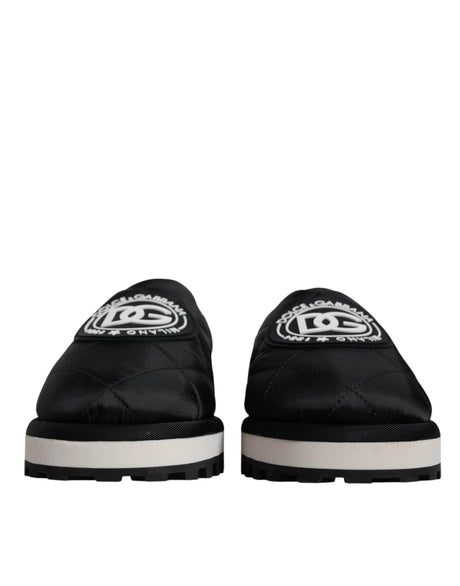 Dolce & Gabbana Black Nylon Quilted Logo Patch Sandals Slides Shoes - Hilstor