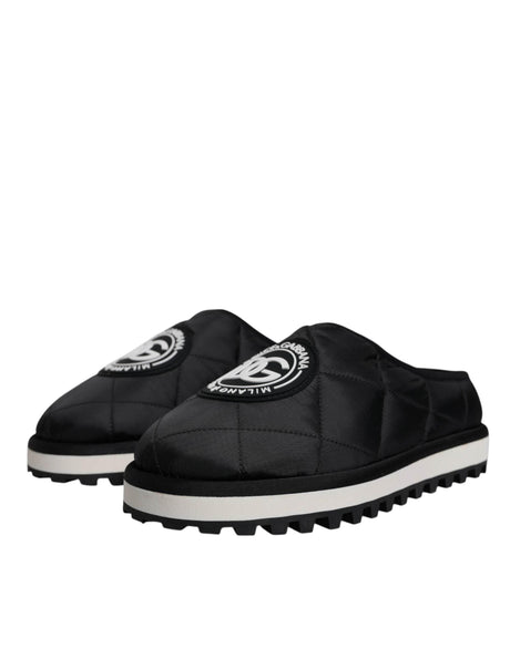 Dolce & Gabbana Black Nylon Quilted Logo Patch Sandals Slides Shoes - Hilstor