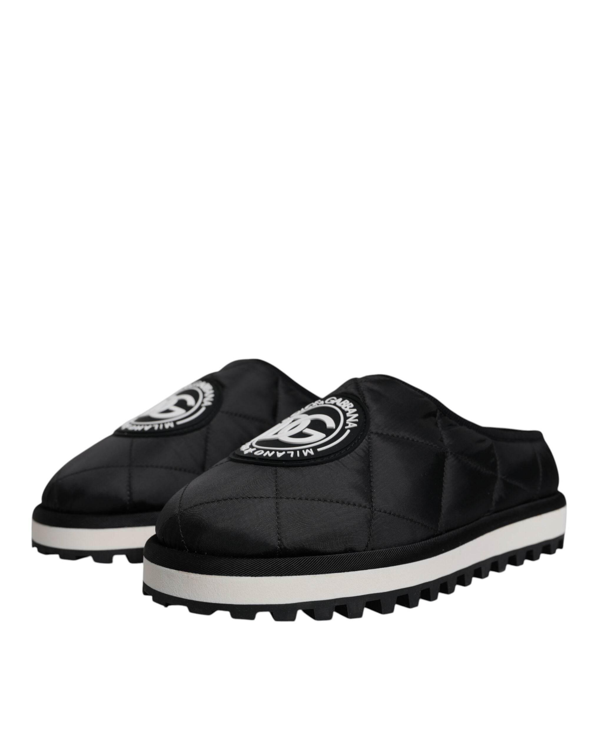 Dolce & Gabbana Black Nylon Quilted Logo Patch Sandals Slides Shoes - Hilstor