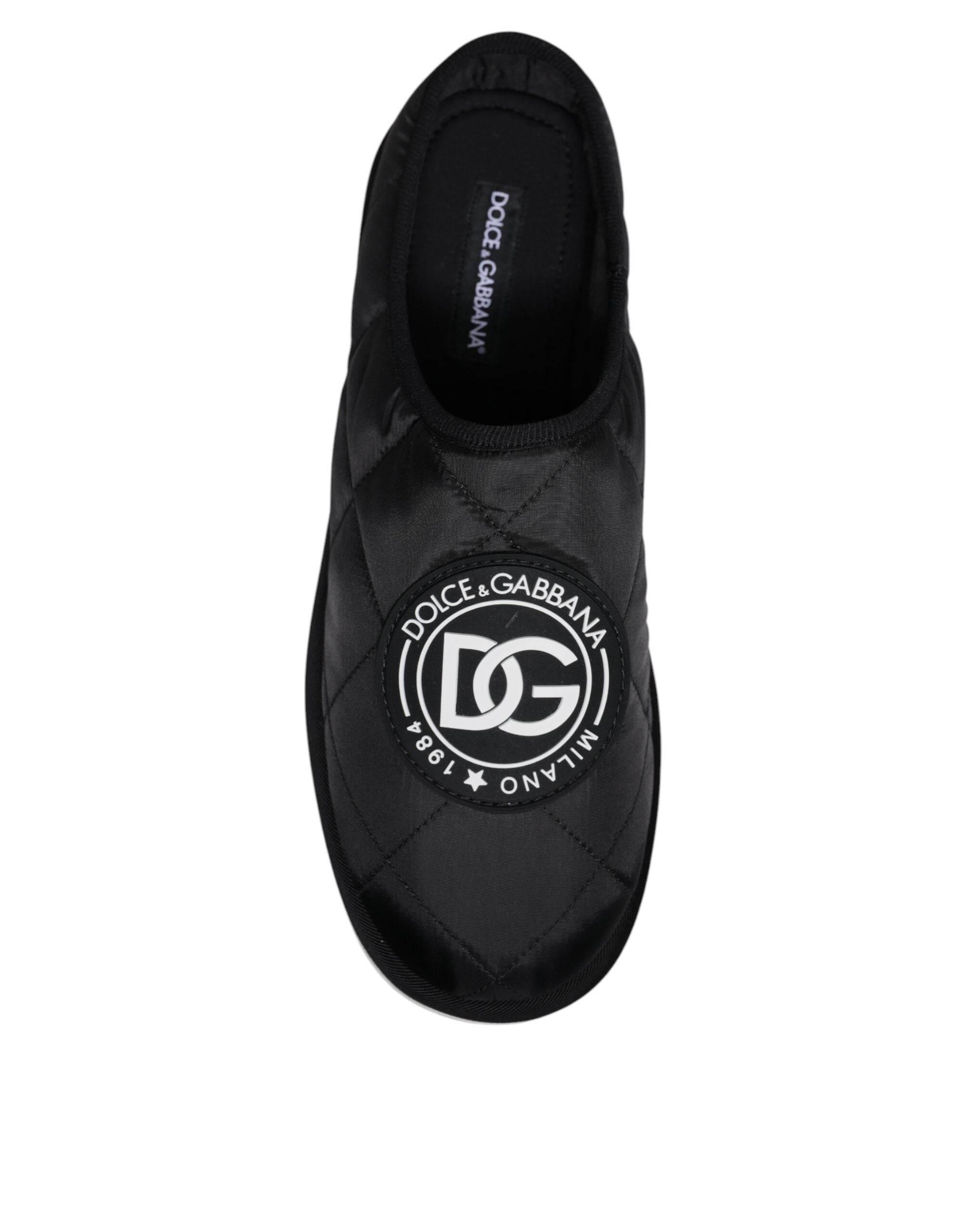 Dolce & Gabbana Black Nylon Quilted Logo Patch Sandals Slides Shoes - Hilstor