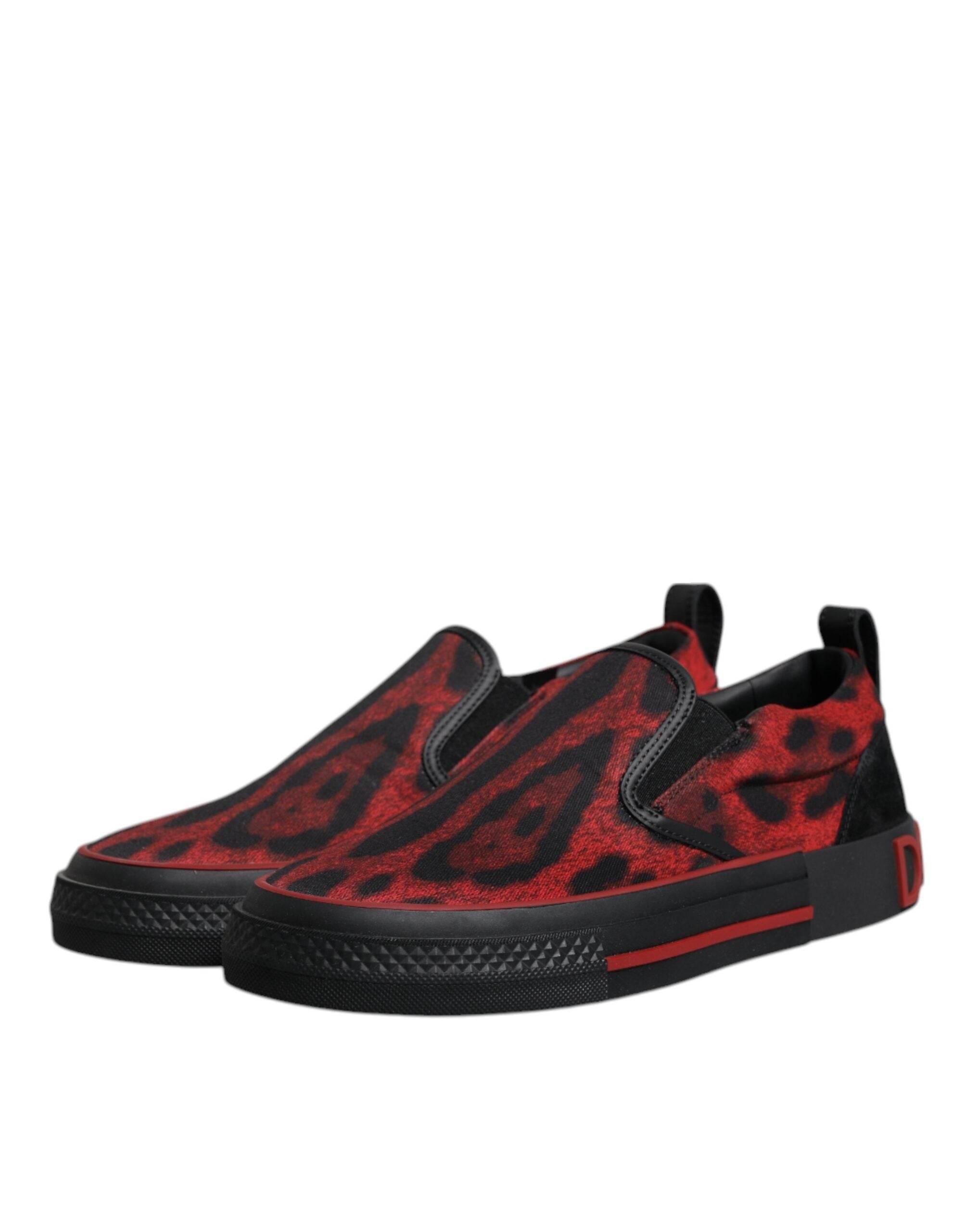 Dolce & Gabbana Red Black Leopard Cotton Men Low Top Sneakers Shoes - Hilstor