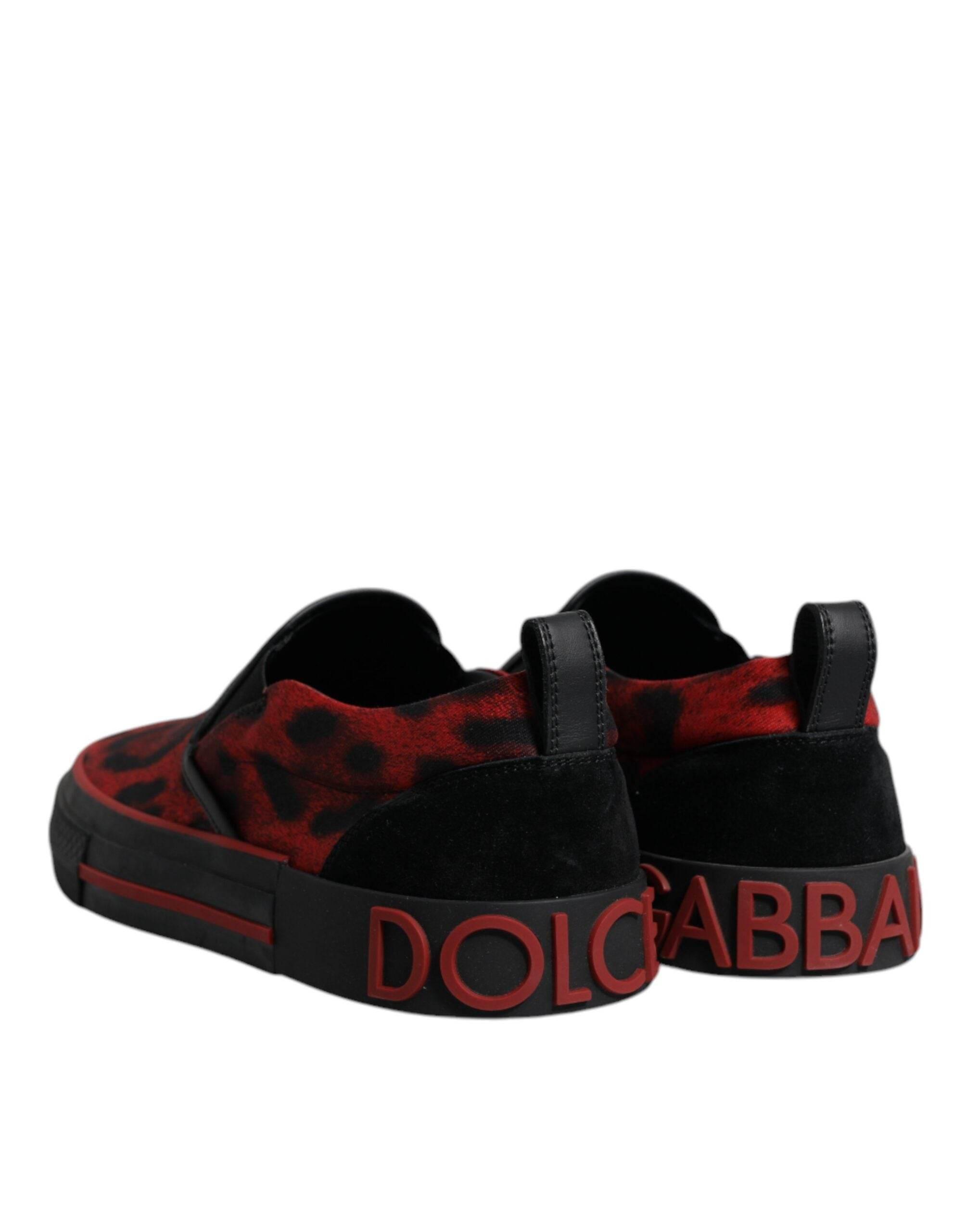 Dolce & Gabbana Red Black Leopard Cotton Men Low Top Sneakers Shoes - Hilstor