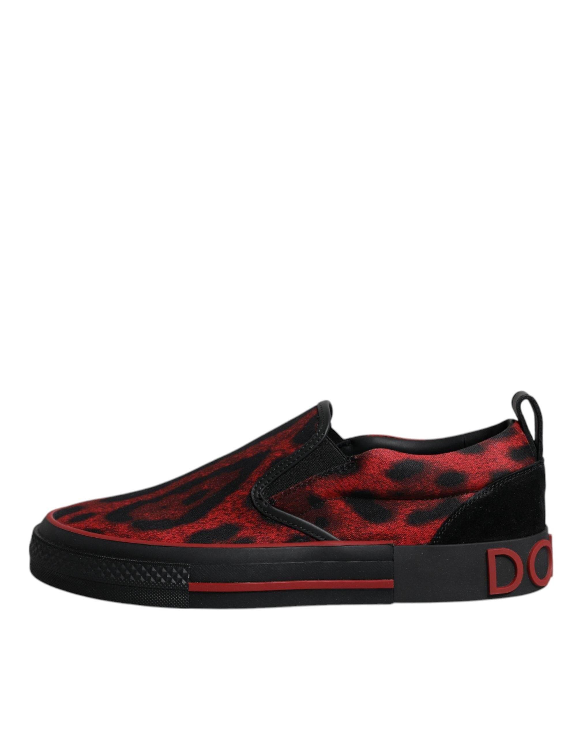 Dolce & Gabbana Red Black Leopard Cotton Men Low Top Sneakers Shoes - Hilstor