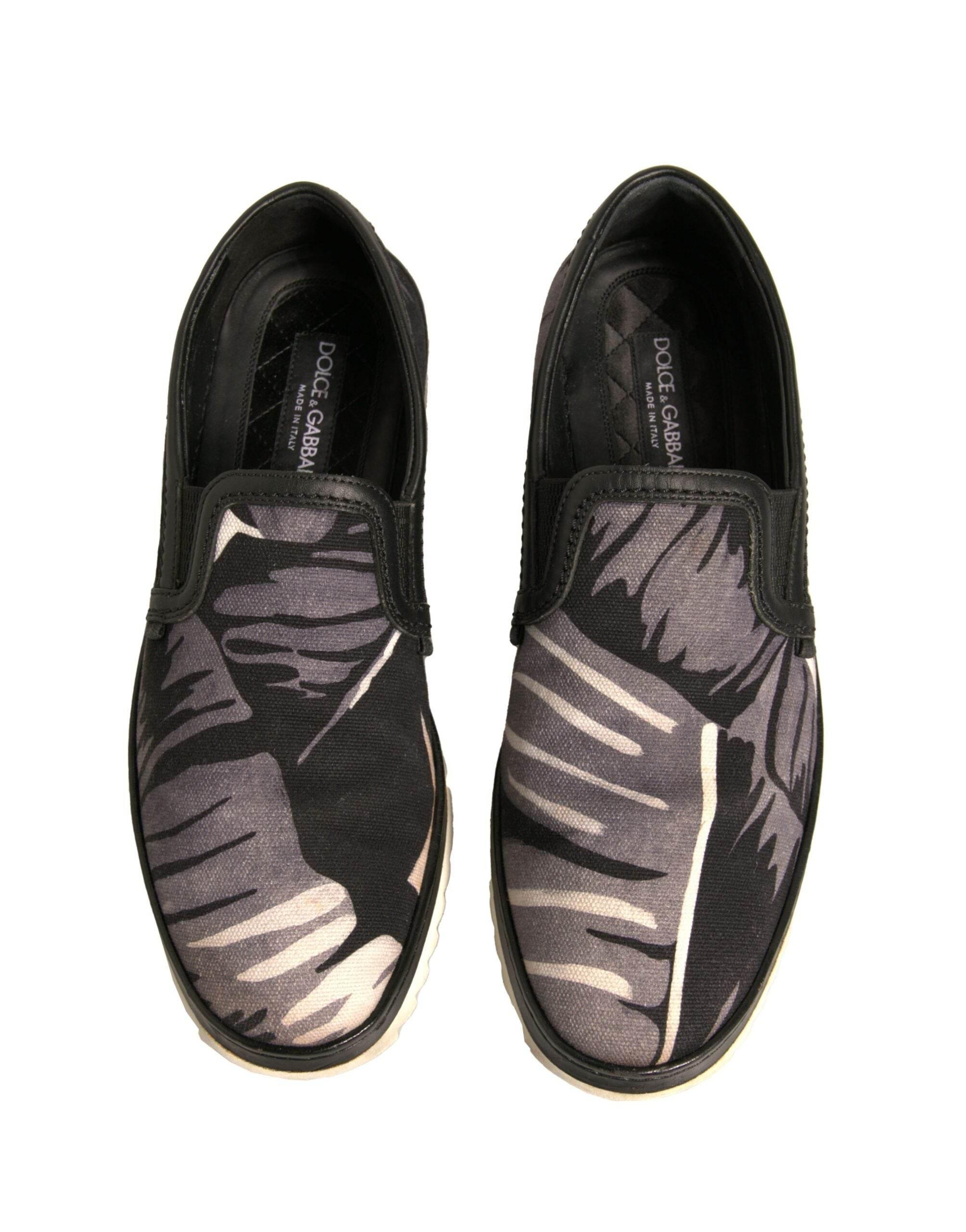 Dolce & Gabbana Black Canvas Tropical Print Slip On Shoes - Hilstor