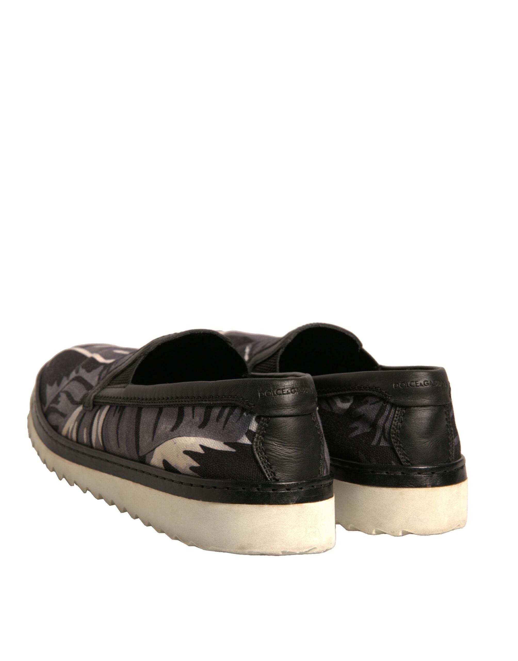 Dolce & Gabbana Black Canvas Tropical Print Slip On Shoes - Hilstor