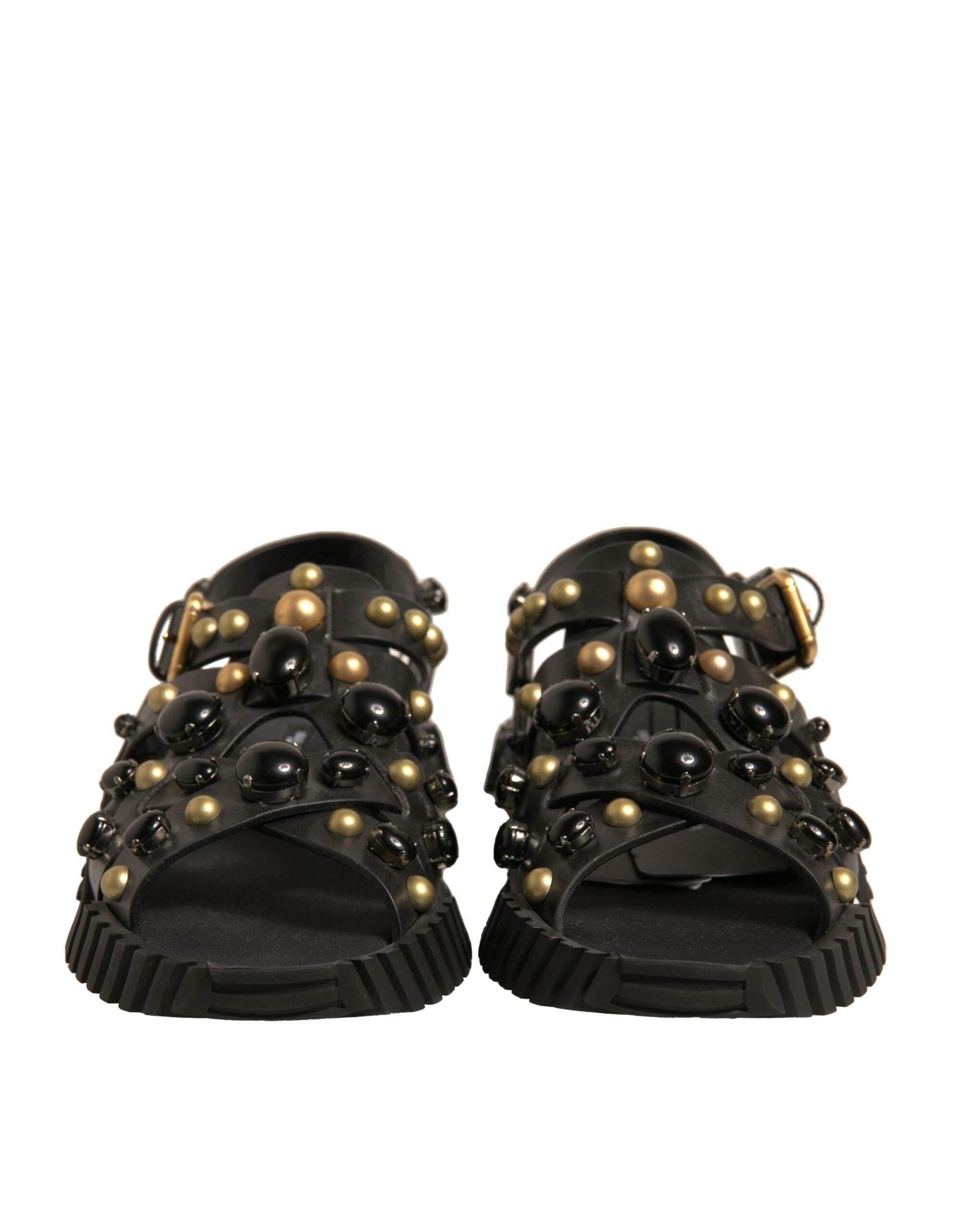 Dolce & Gabbana Black Leather Studded Slides Sandals Shoes - Hilstor