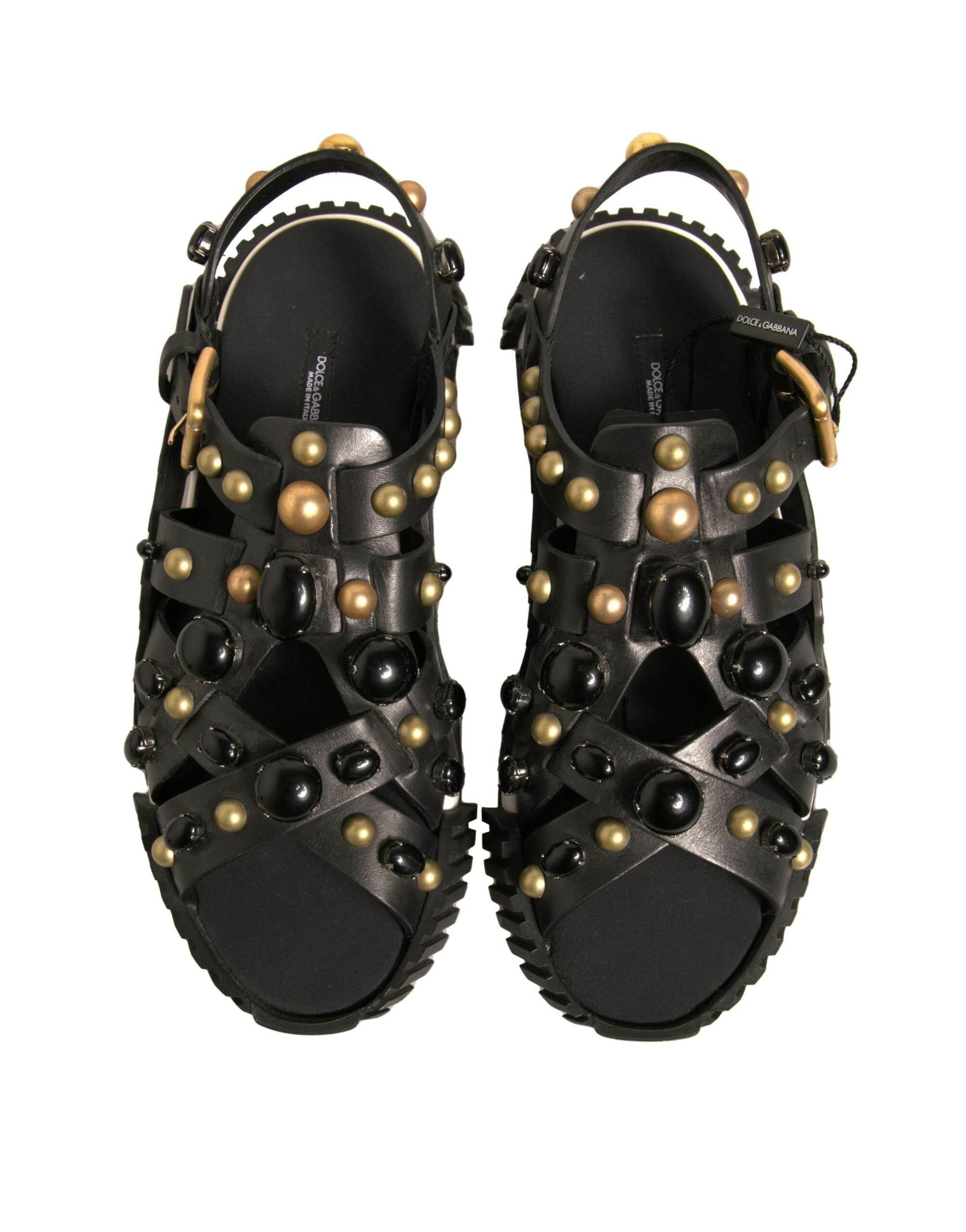 Dolce & Gabbana Black Leather Studded Slides Sandals Shoes - Hilstor