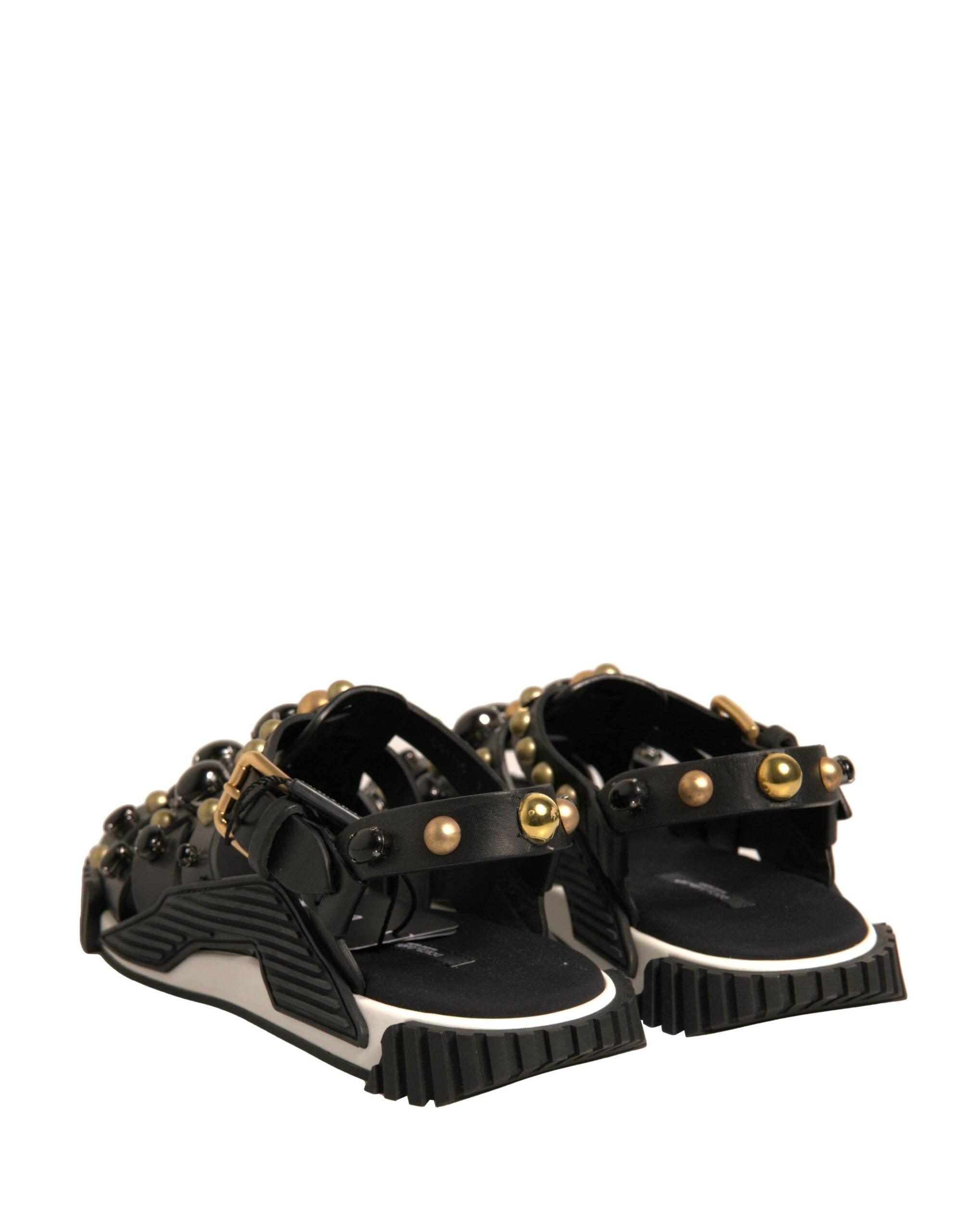 Dolce & Gabbana Black Leather Studded Slides Sandals Shoes - Hilstor