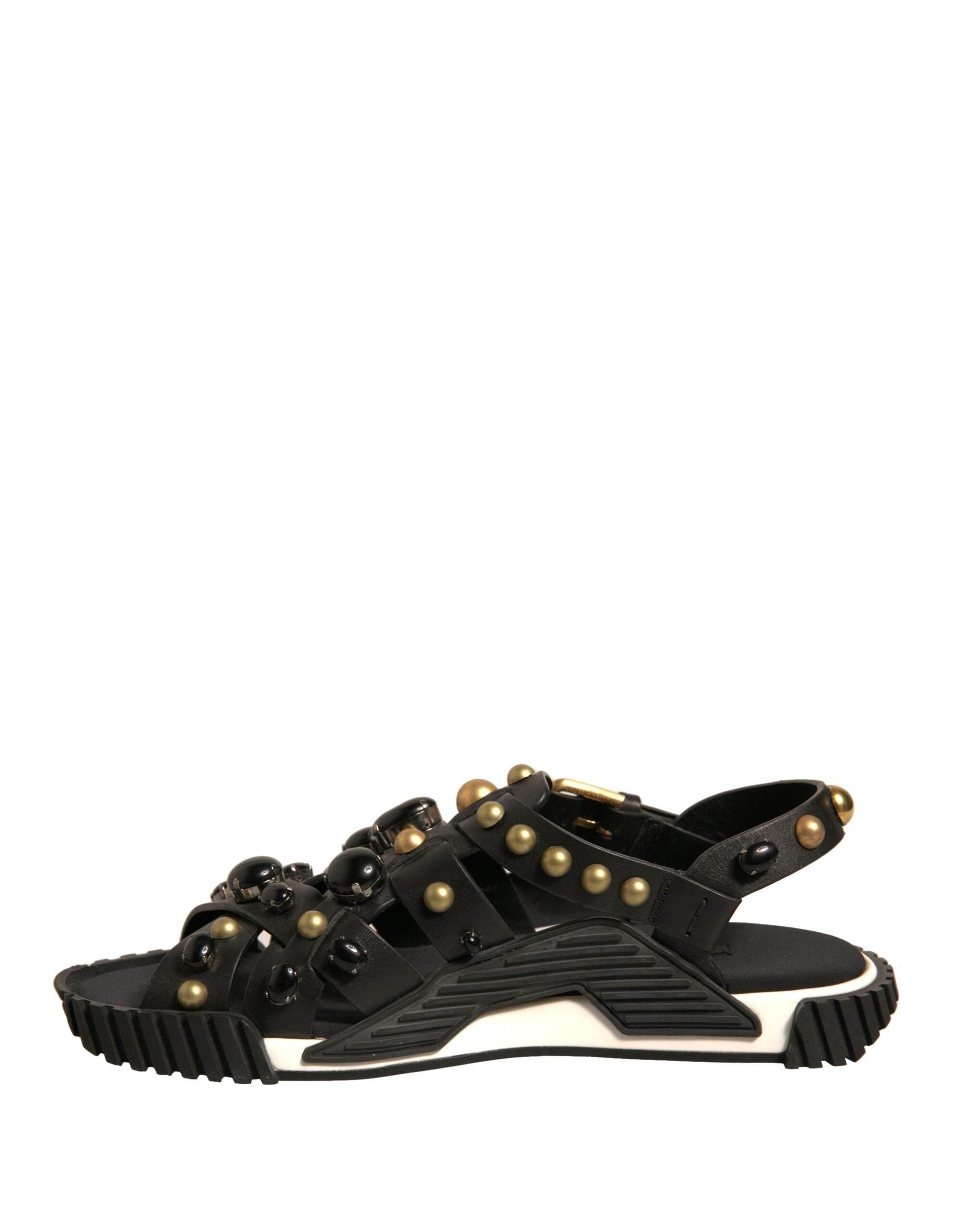 Dolce & Gabbana Black Leather Studded Slides Sandals Shoes - Hilstor