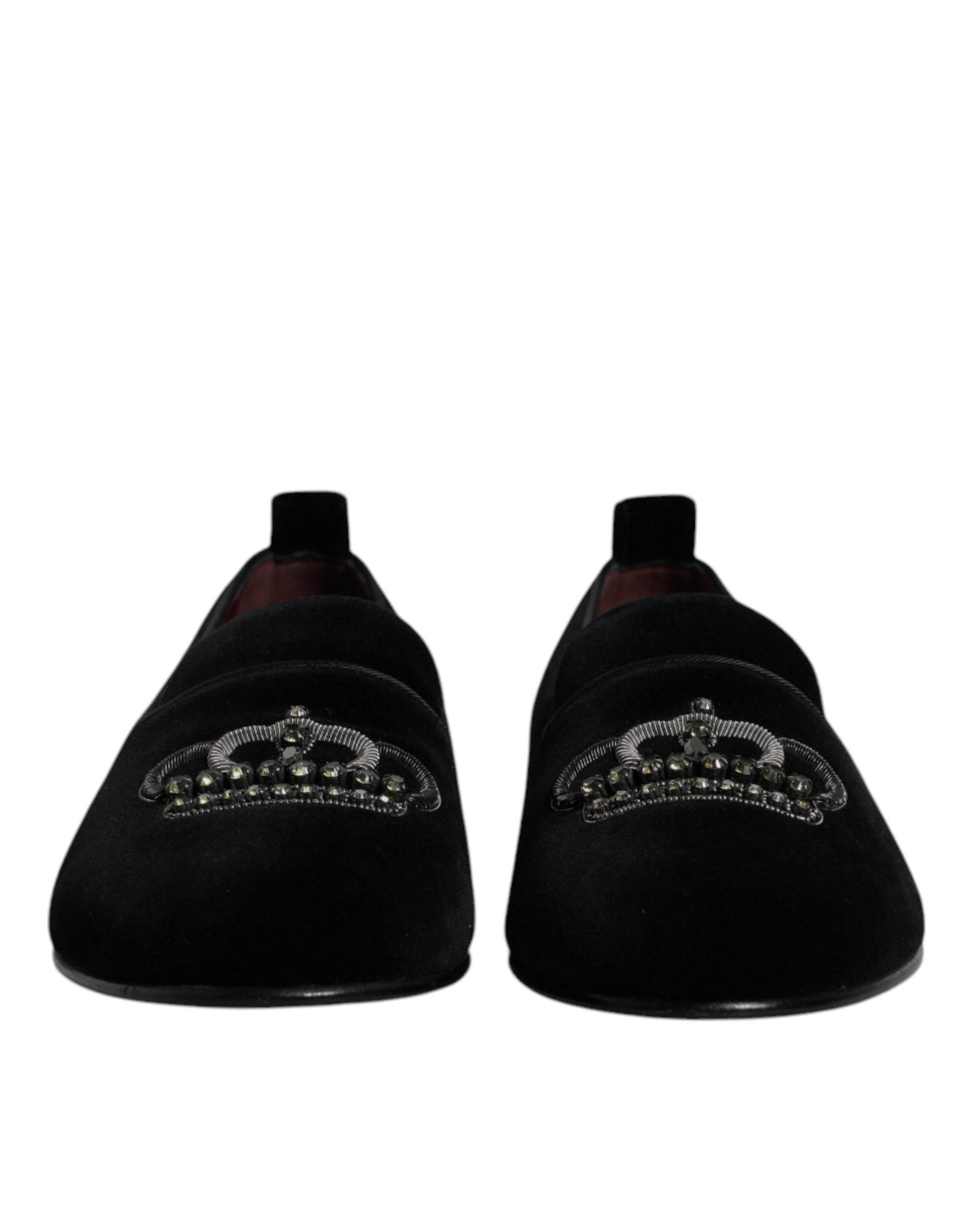 Dolce & Gabbana Black Velvet Crystal Crown Loafers Formal Dress Shoes - Hilstor