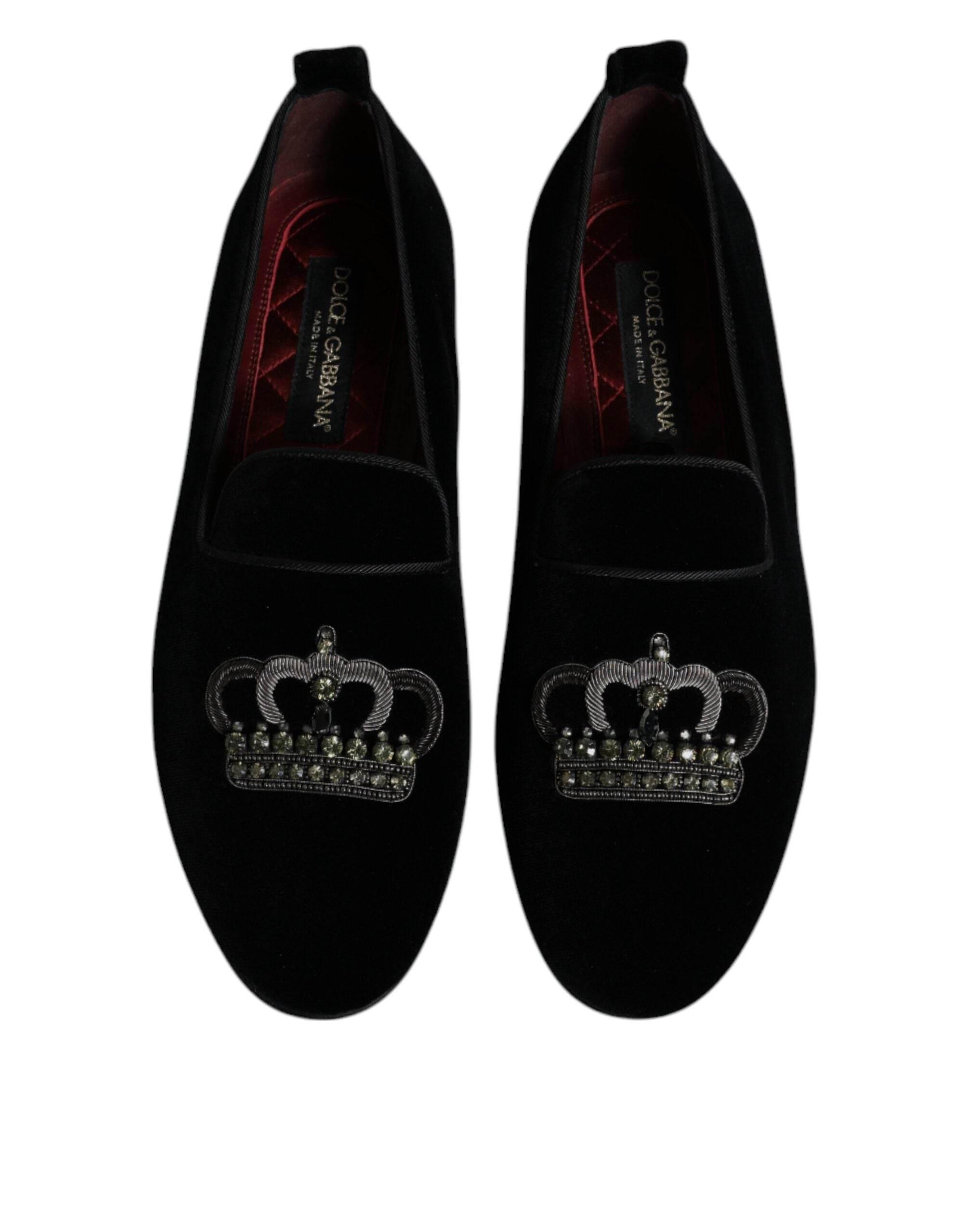 Dolce & Gabbana Black Velvet Crystal Crown Loafers Formal Dress Shoes - Hilstor