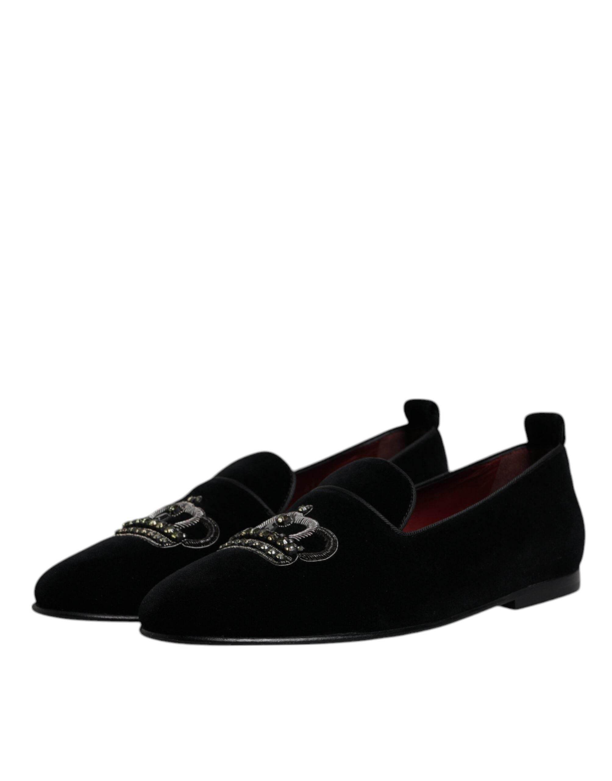 Dolce & Gabbana Black Velvet Crystal Crown Loafers Formal Dress Shoes - Hilstor