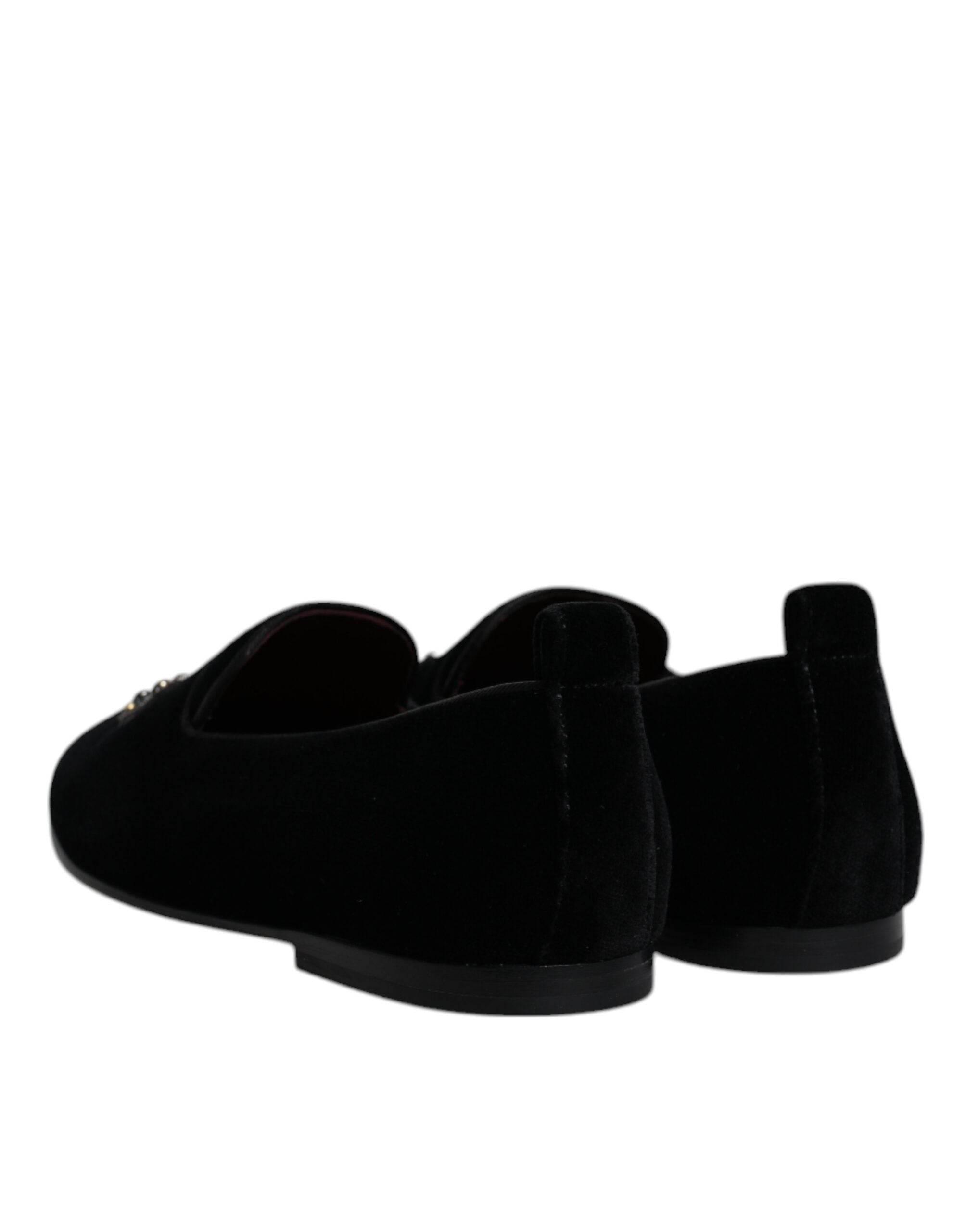 Dolce & Gabbana Black Velvet Crystal Crown Loafers Formal Dress Shoes - Hilstor