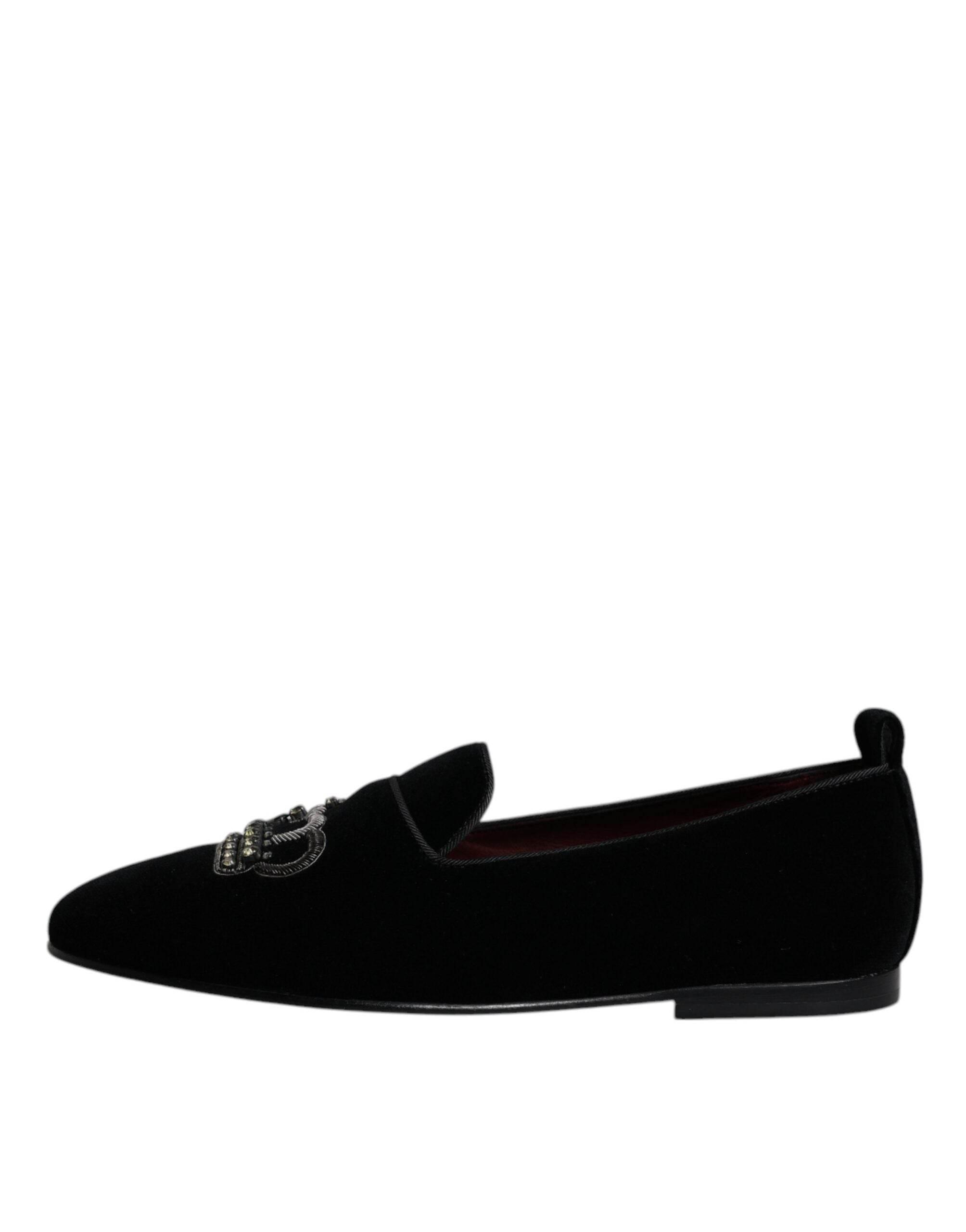 Dolce & Gabbana Black Velvet Crystal Crown Loafers Formal Dress Shoes - Hilstor
