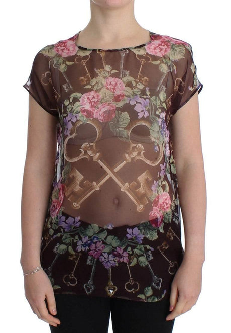 Dolce & Gabbana Black Key Floral Print Silk Blouse T-shirt - Hilstor