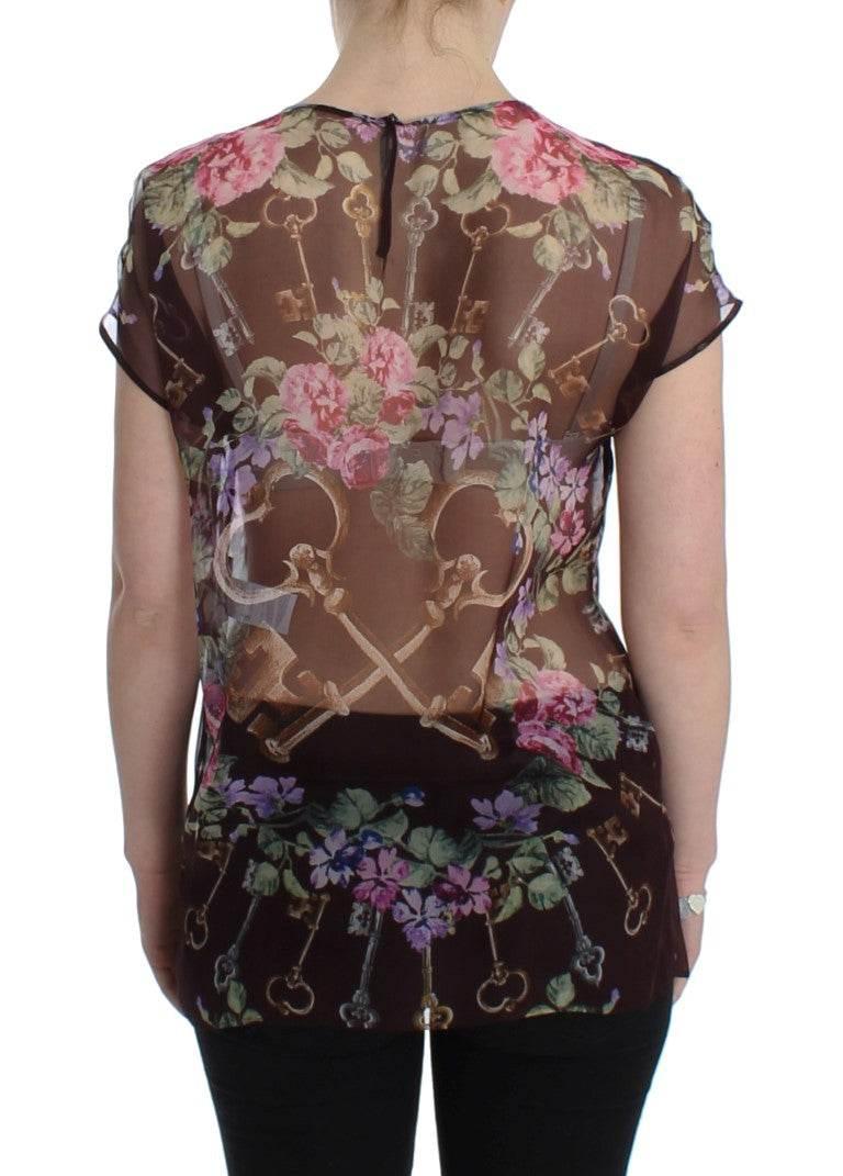 Dolce & Gabbana Black Key Floral Print Silk Blouse T-shirt - Hilstor