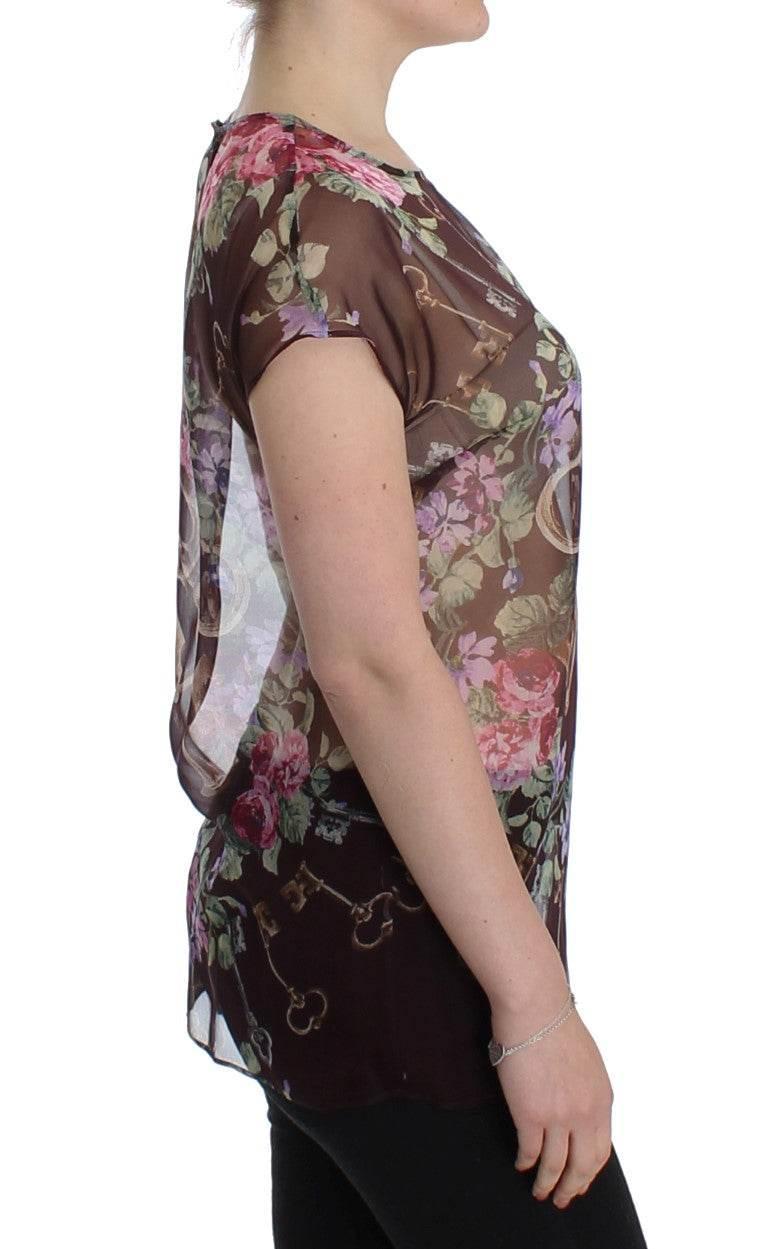 Dolce & Gabbana Black Key Floral Print Silk Blouse T-shirt - Hilstor