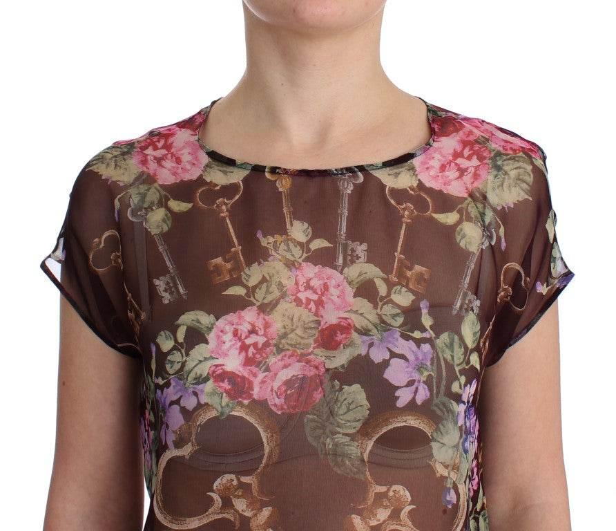 Dolce & Gabbana Black Key Floral Print Silk Blouse T-shirt - Hilstor