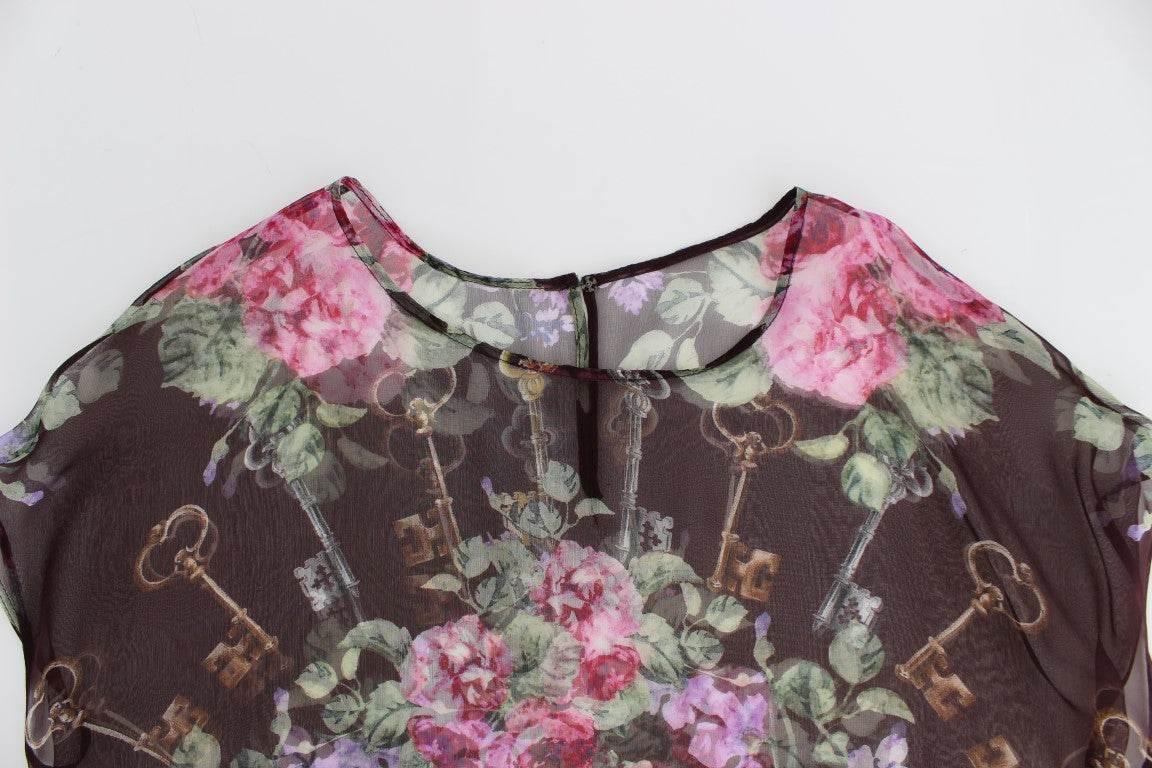 Dolce & Gabbana Black Key Floral Print Silk Blouse T-shirt - Hilstor
