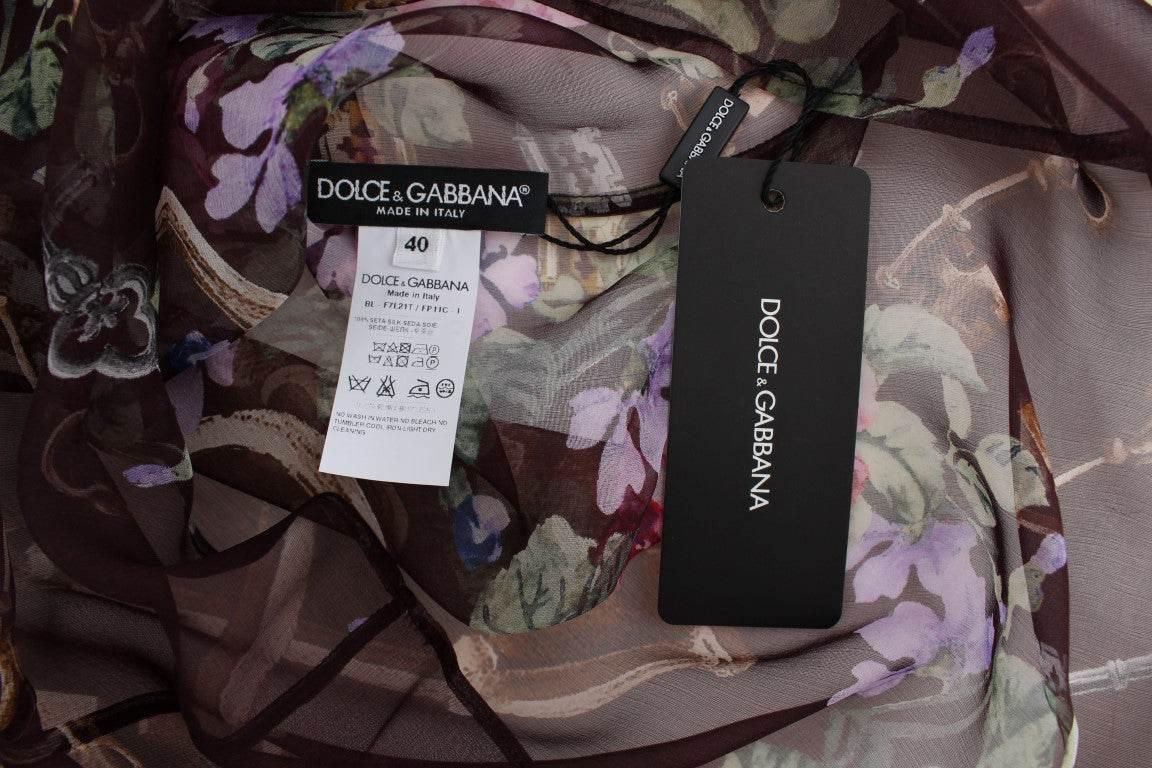 Dolce & Gabbana Black Key Floral Print Silk Blouse T-shirt - Hilstor