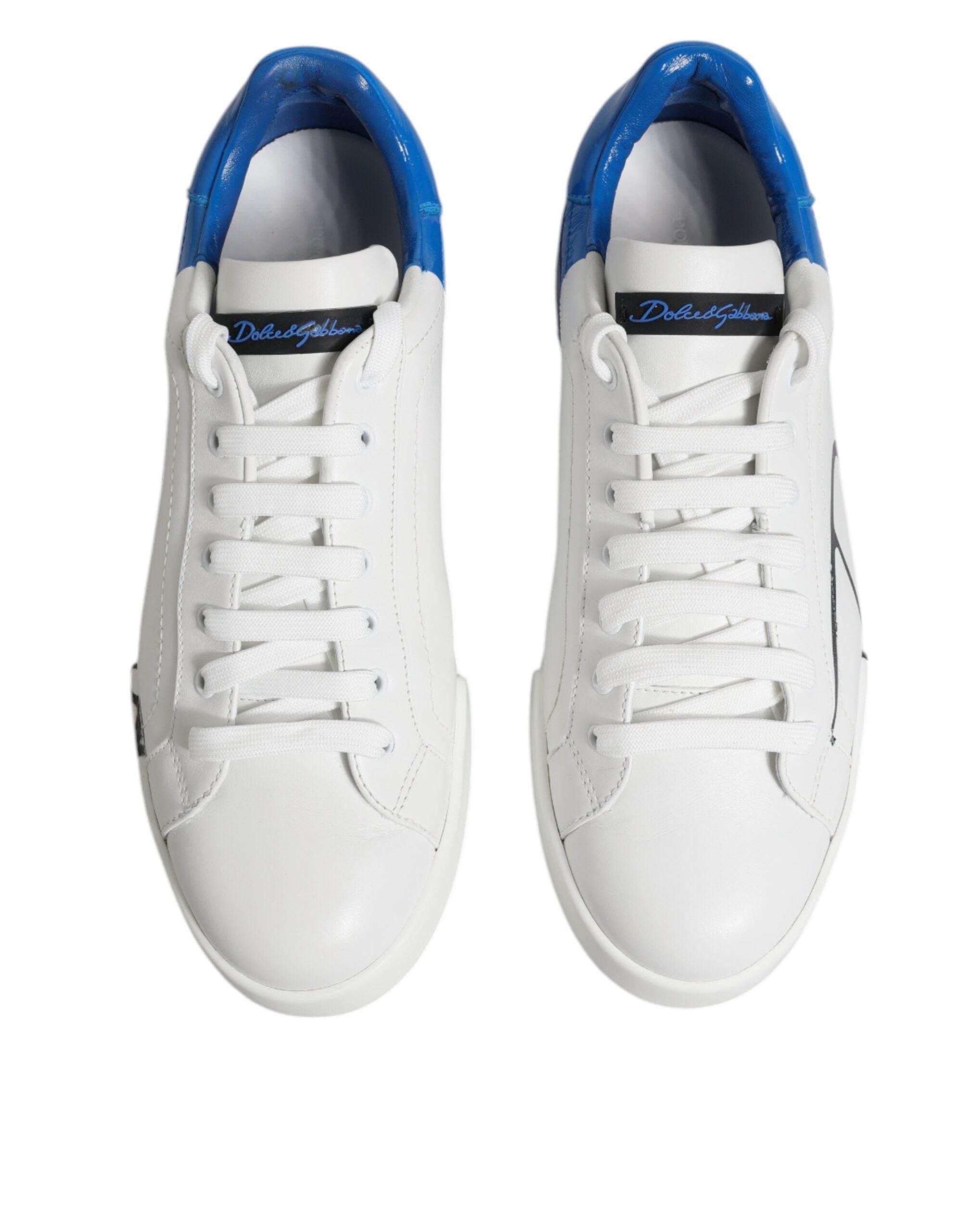 Dolce & Gabbana White Blue Portofino Leather Sneakers Shoes - Hilstor