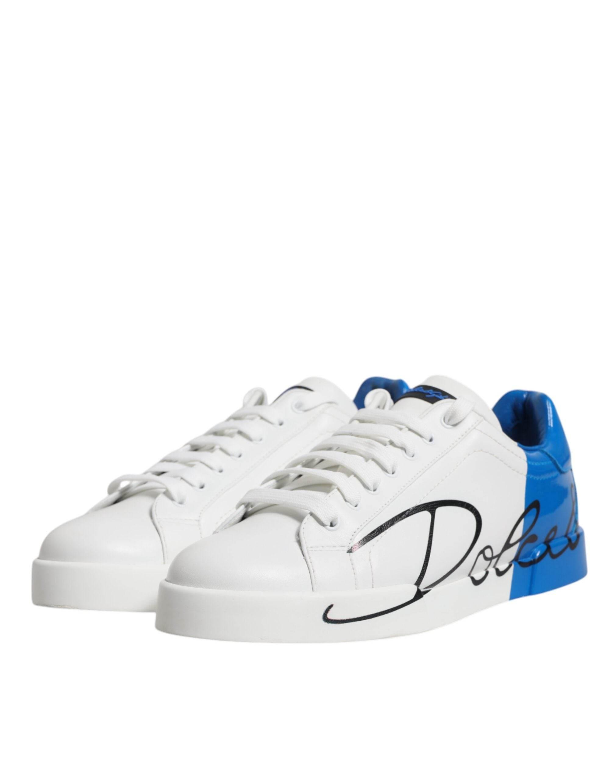 Dolce & Gabbana White Blue Portofino Leather Sneakers Shoes - Hilstor