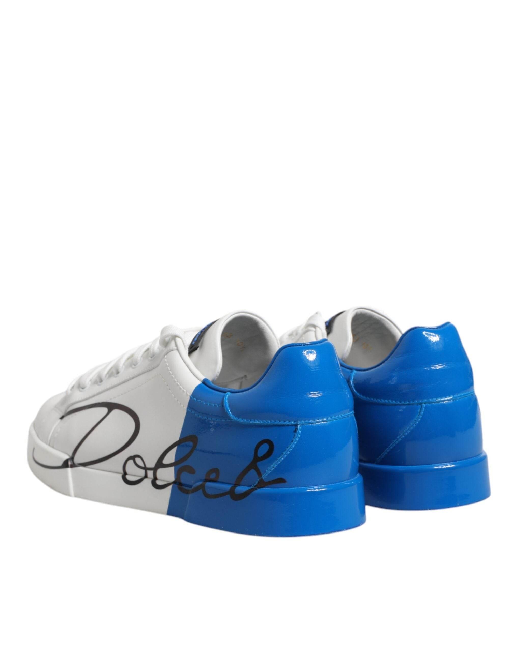 Dolce & Gabbana White Blue Portofino Leather Sneakers Shoes - Hilstor