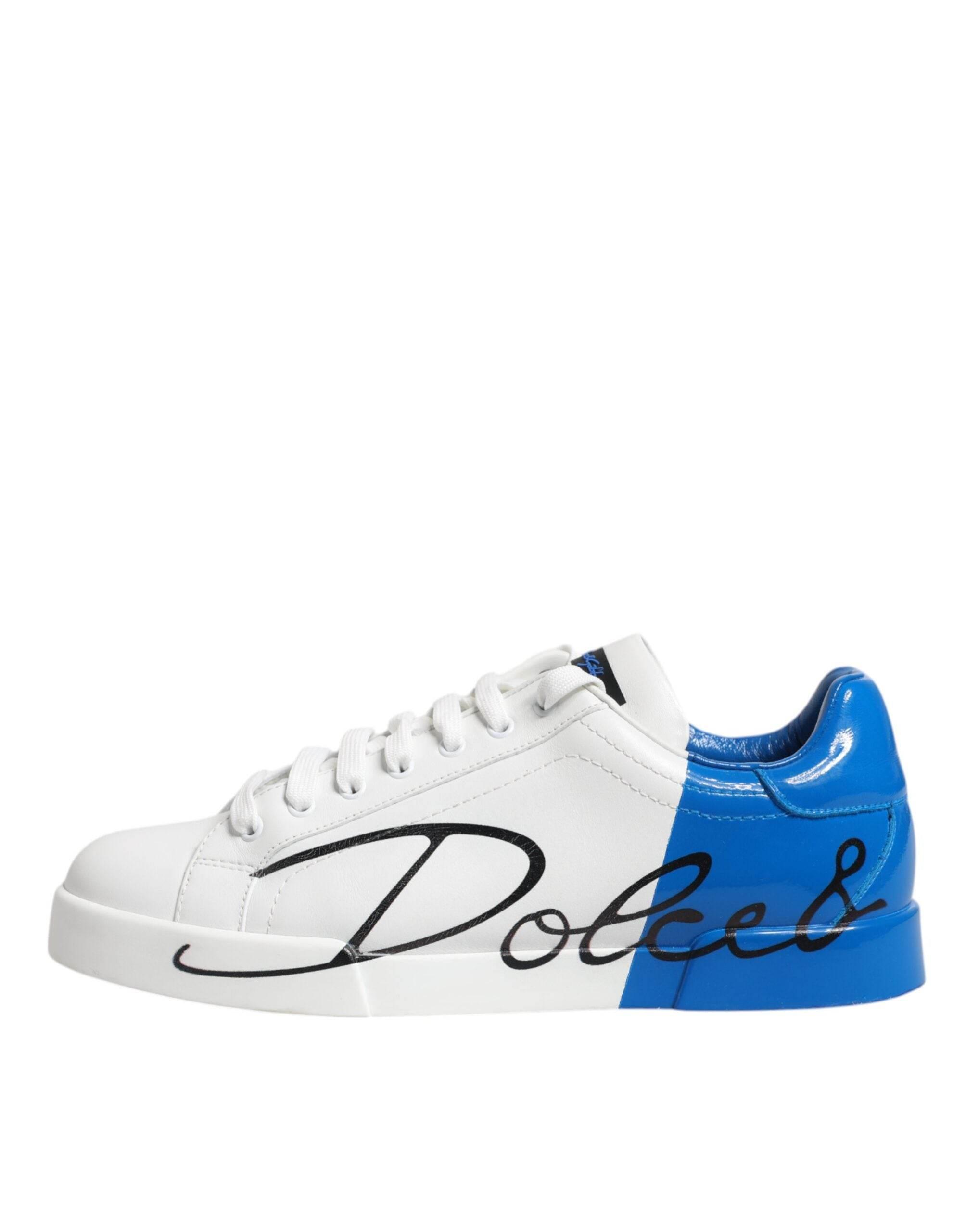 Dolce & Gabbana White Blue Portofino Leather Sneakers Shoes - Hilstor