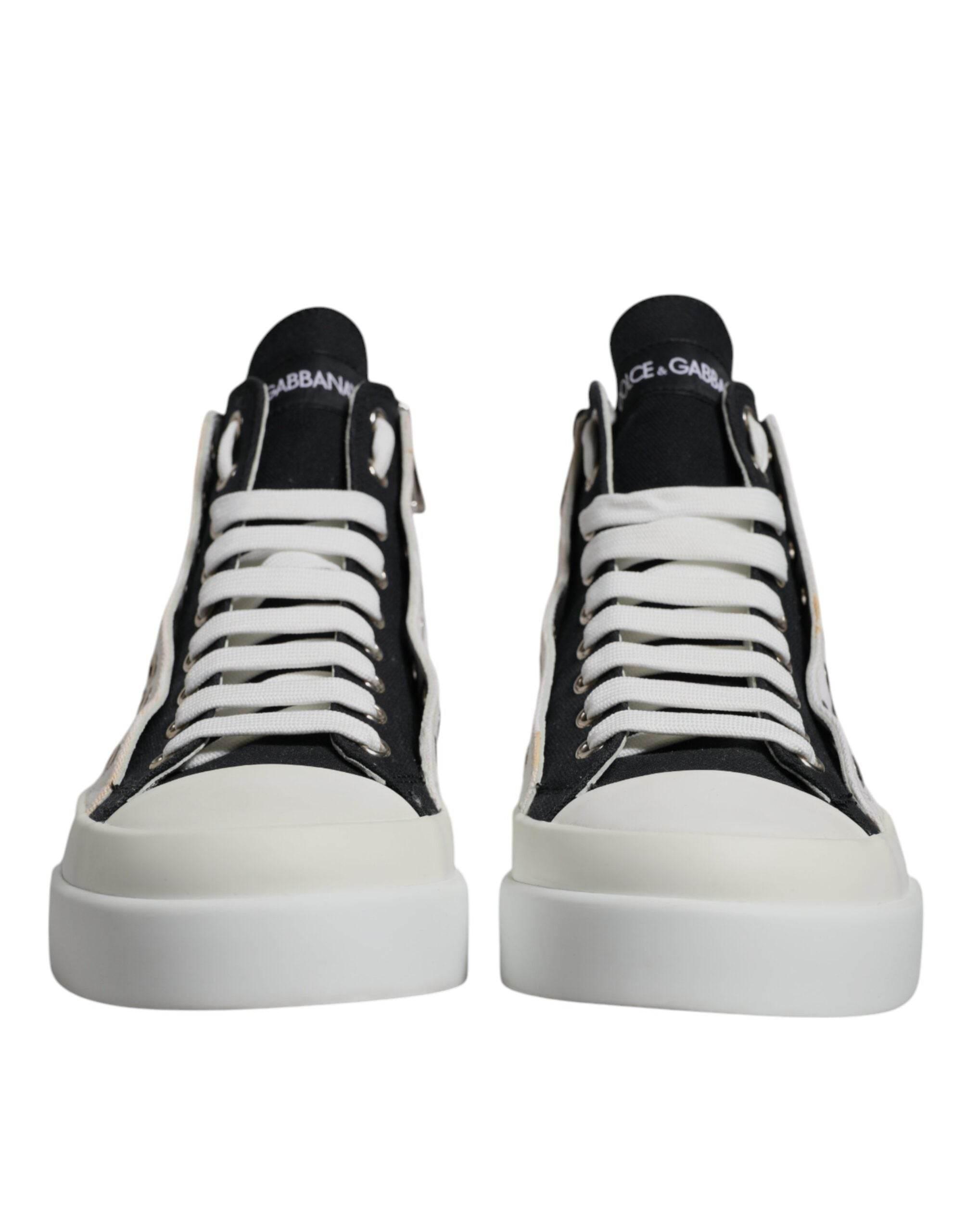 Dolce & Gabbana White Black Cotton High Top Sneakers Shoes - Hilstor
