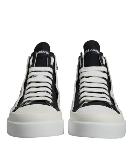 Dolce & Gabbana White Black Cotton High Top Sneakers Shoes - Hilstor