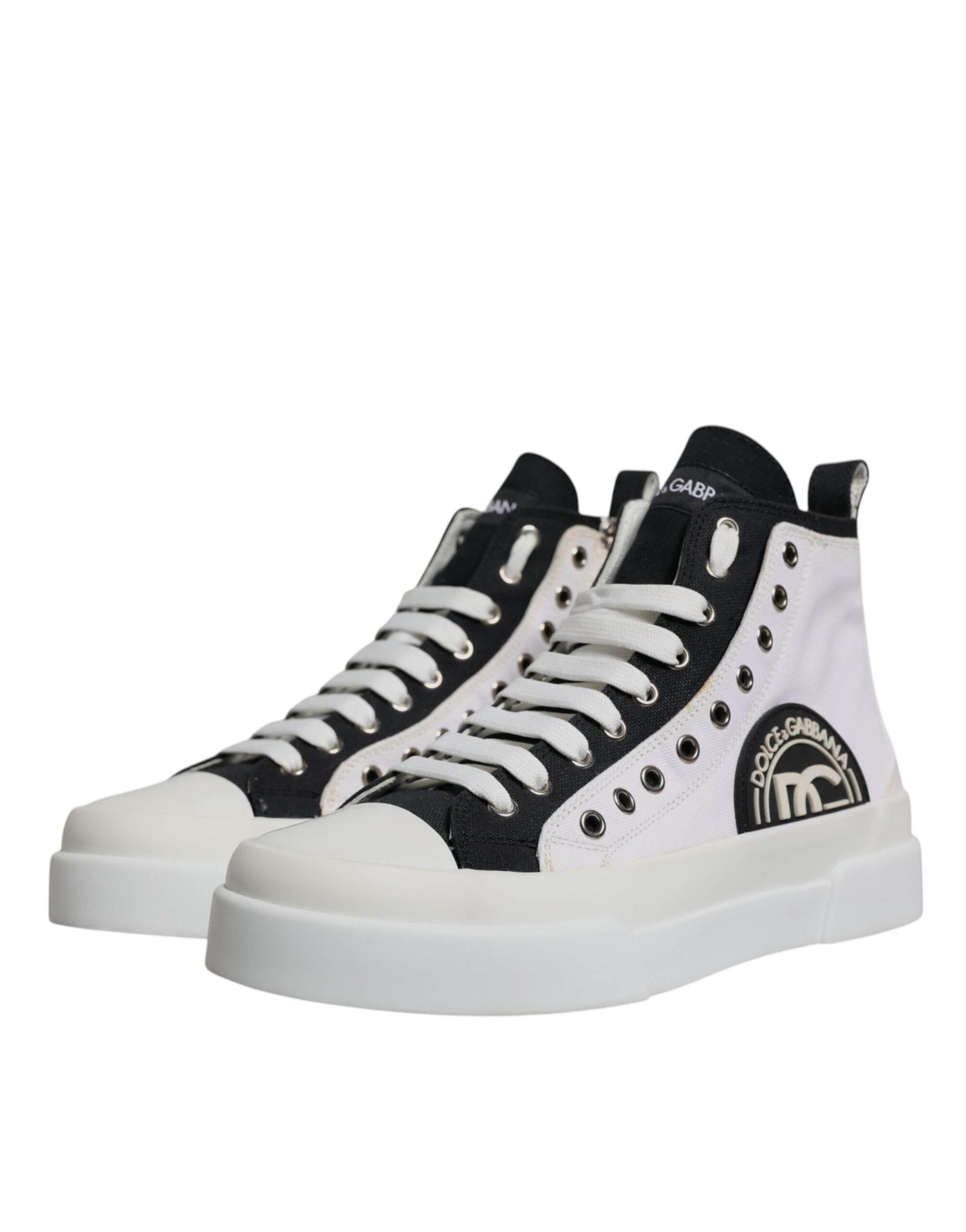 Dolce & Gabbana White Black Cotton High Top Sneakers Shoes - Hilstor