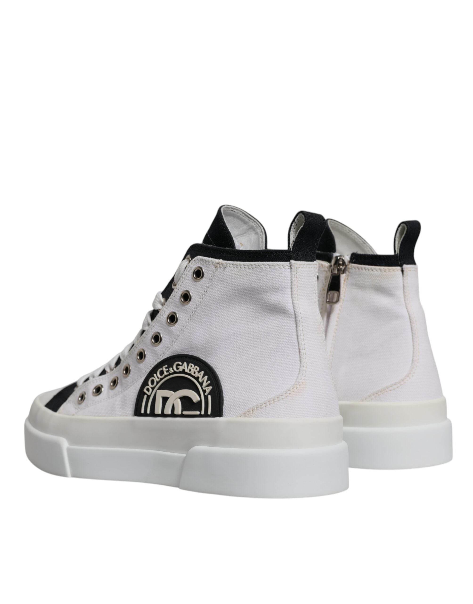 Dolce & Gabbana White Black Cotton High Top Sneakers Shoes - Hilstor