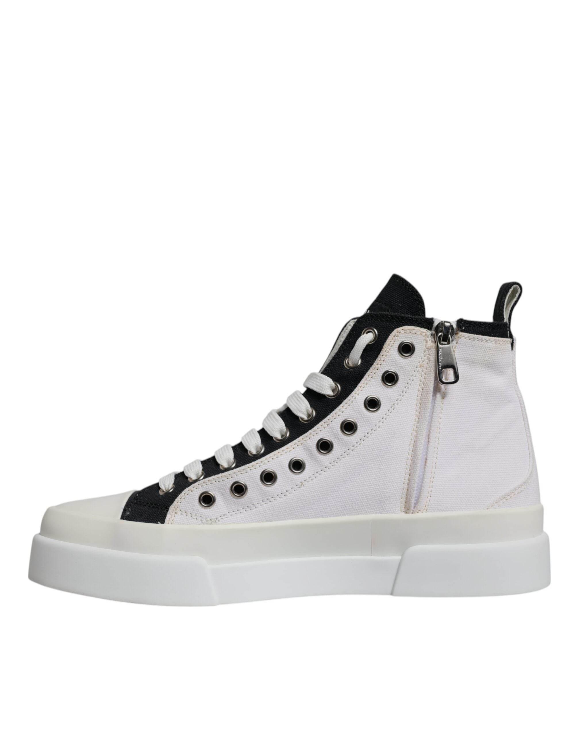Dolce & Gabbana White Black Cotton High Top Sneakers Shoes - Hilstor