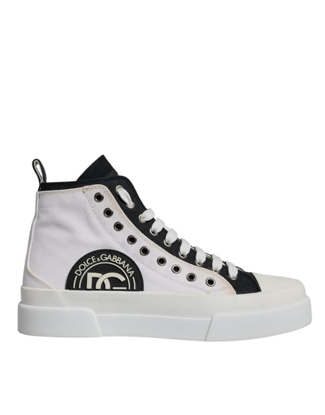 Dolce & Gabbana White Black Cotton High Top Sneakers Shoes - Hilstor