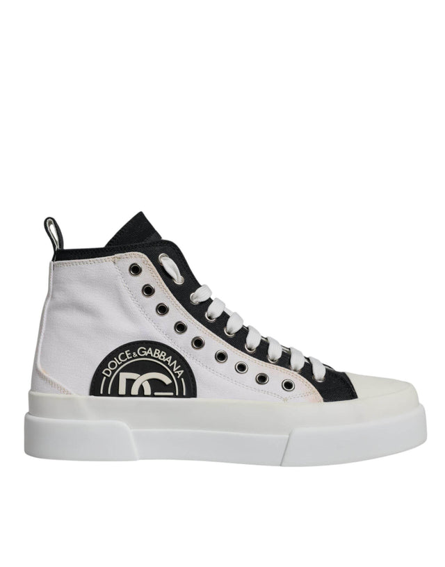 Dolce & Gabbana White Black Cotton High Top Sneakers Shoes - Hilstor