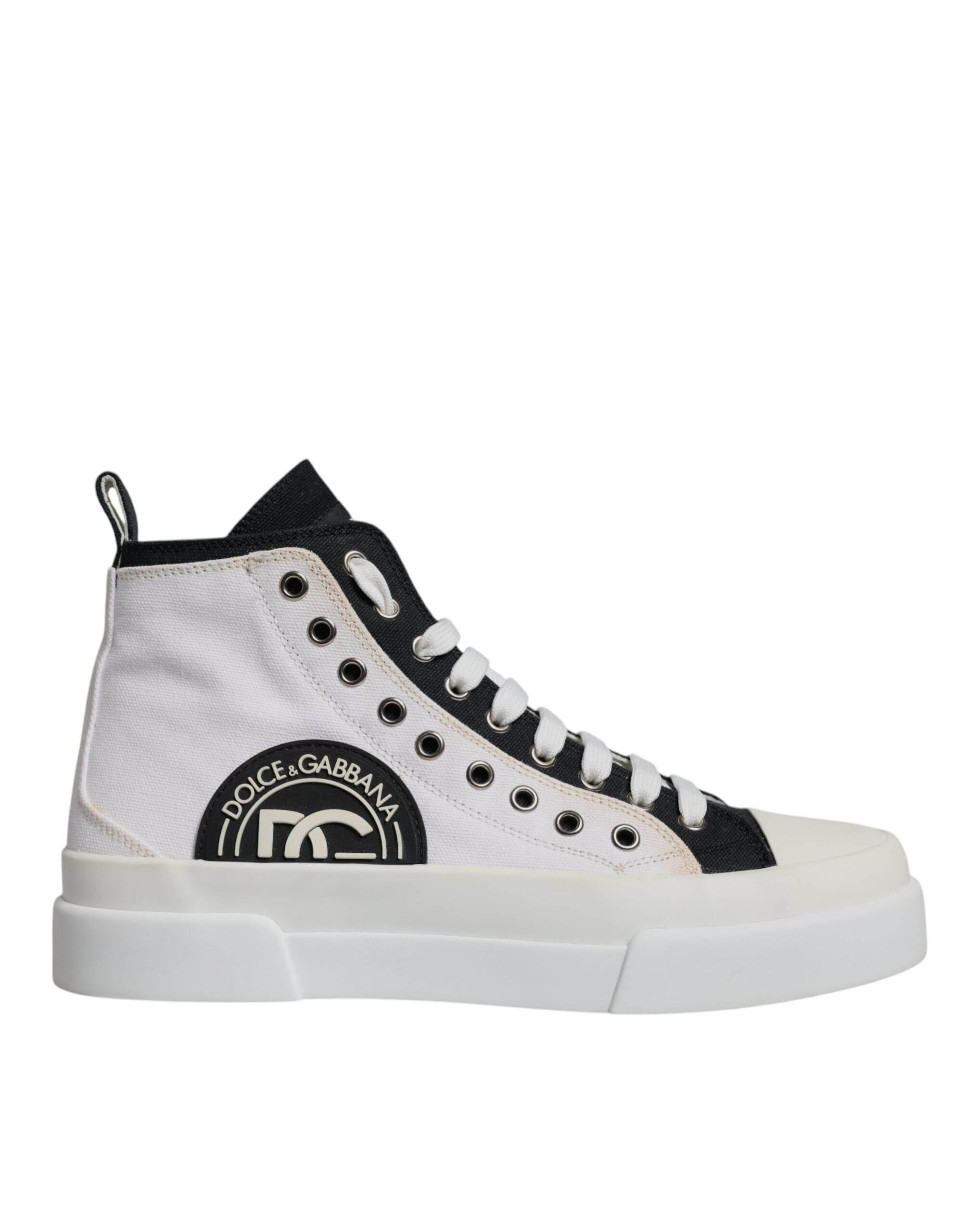Dolce & Gabbana White Black Cotton High Top Sneakers Shoes - Hilstor