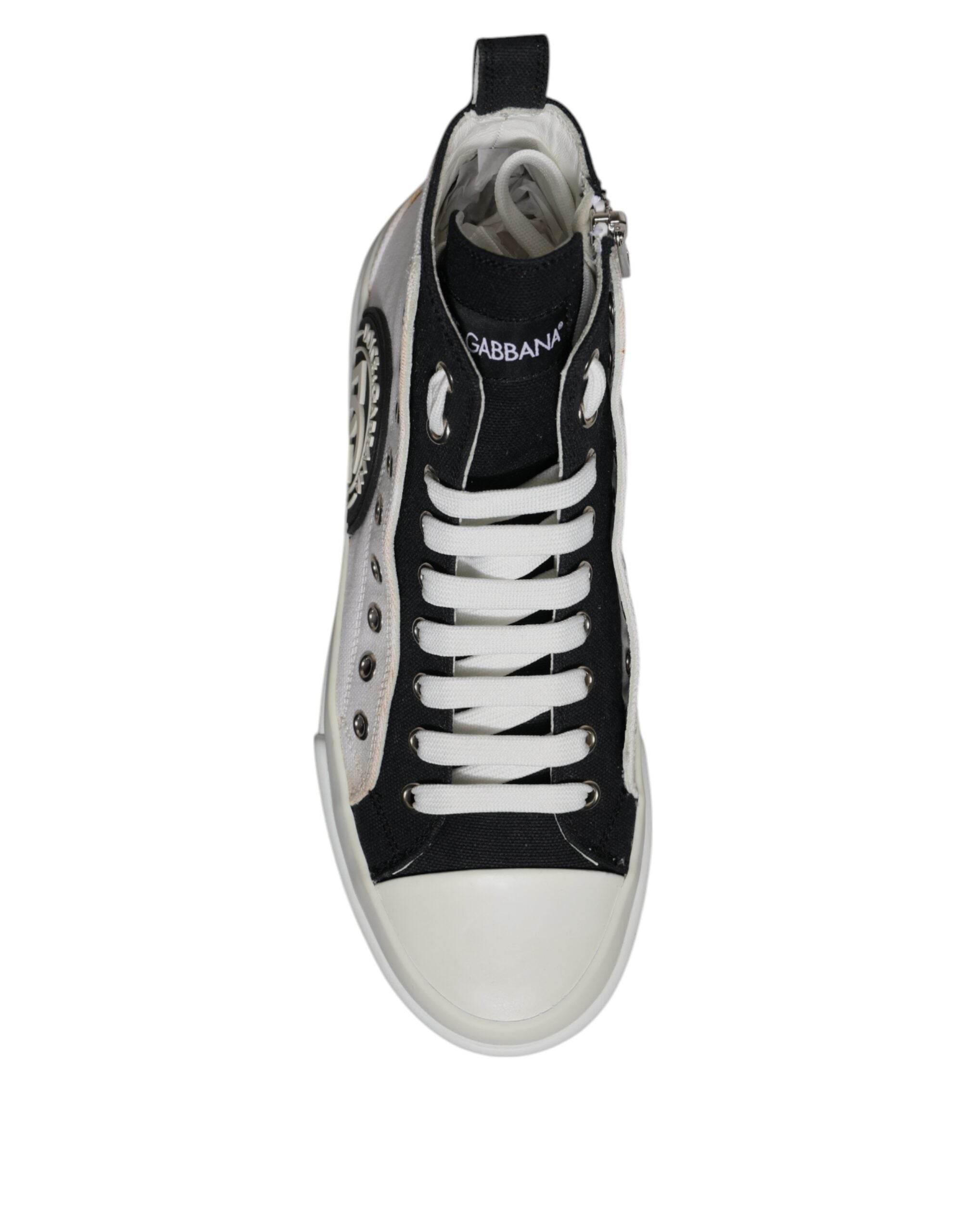 Dolce & Gabbana White Black Cotton High Top Sneakers Shoes - Hilstor