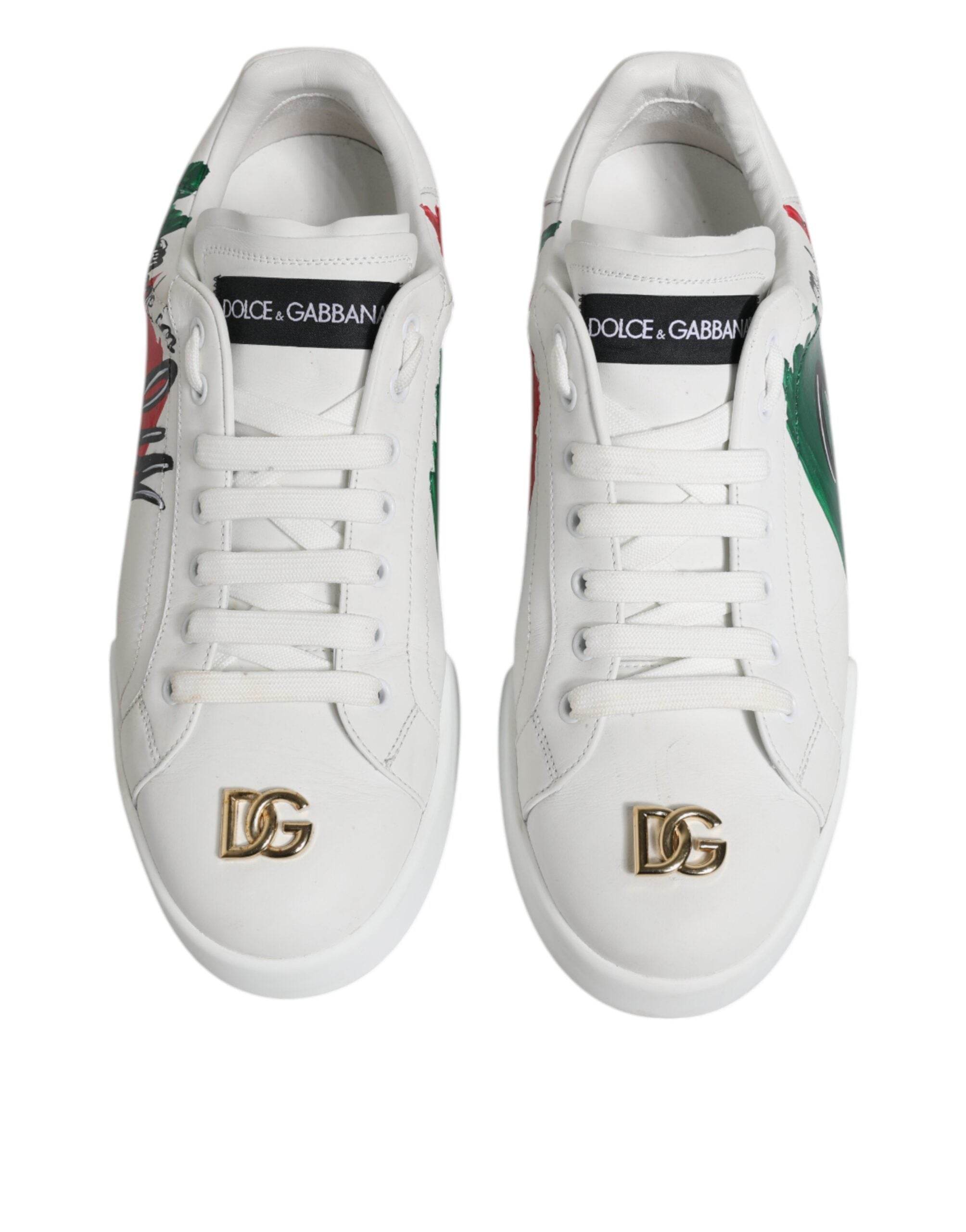 Dolce & Gabbana White Portofino Made In Italy Print Sneakers Shoes - Hilstor