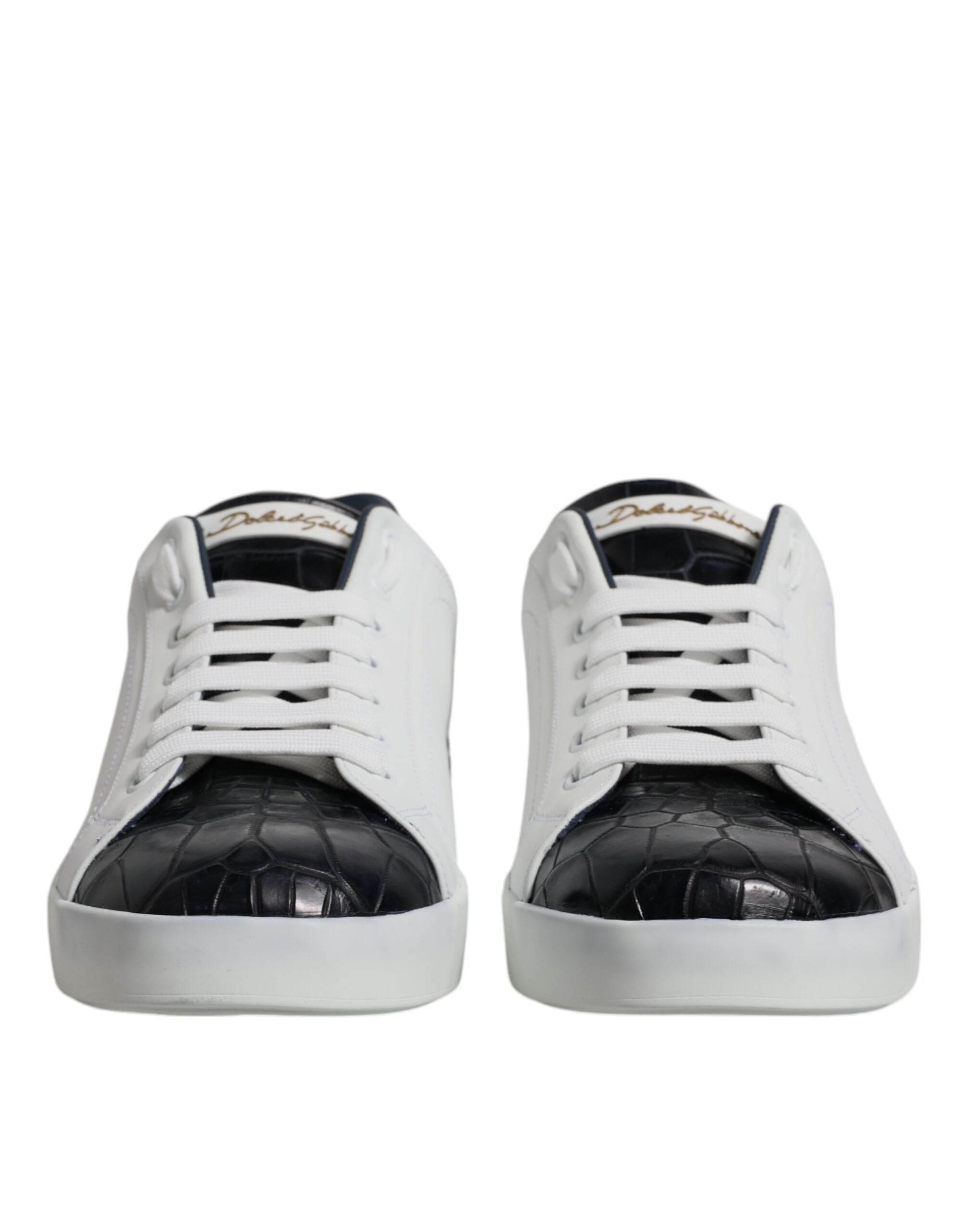 Dolce & Gabbana White Black Leather Portofino Sneakers Shoes - Hilstor