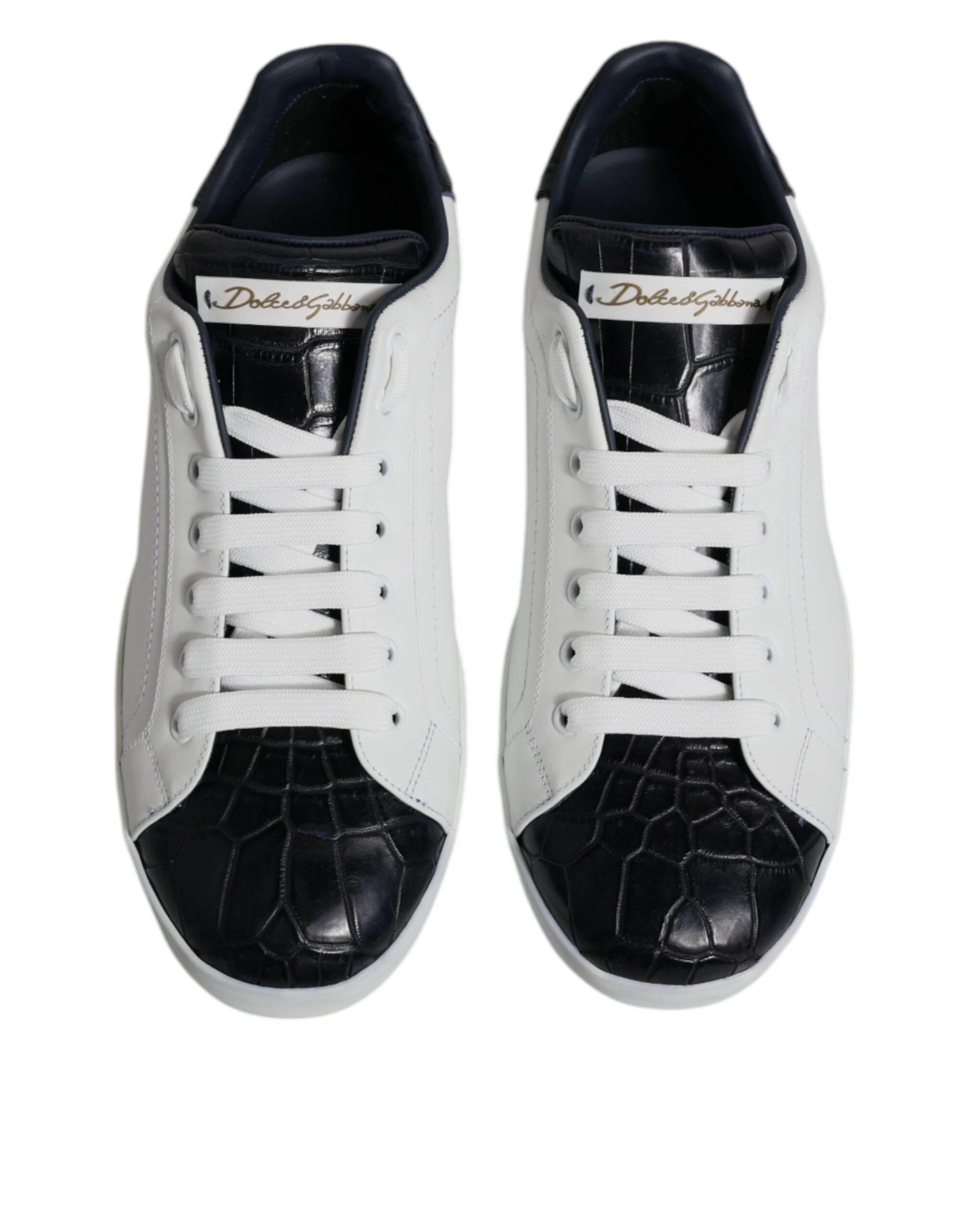 Dolce & Gabbana White Black Leather Portofino Sneakers Shoes - Hilstor