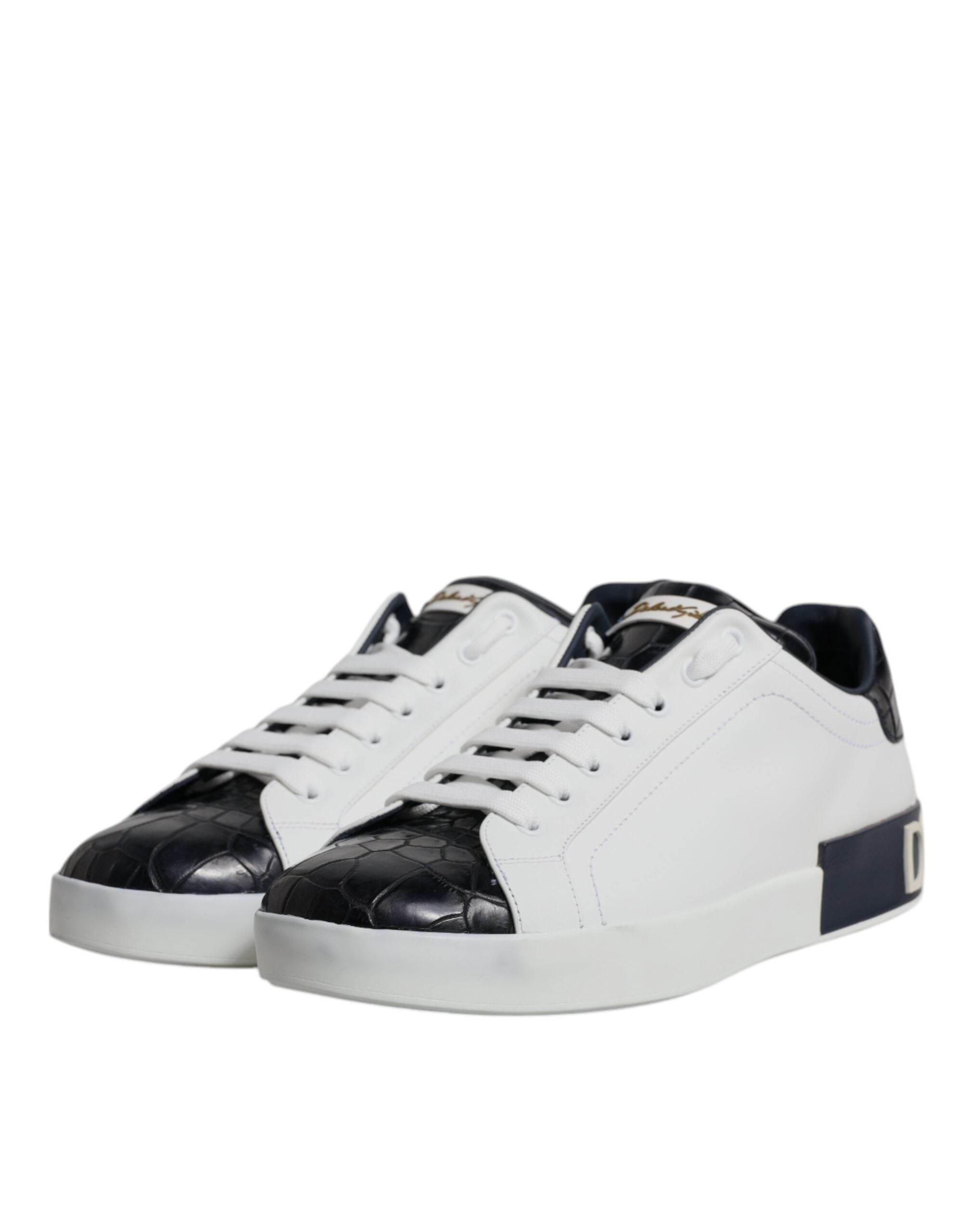 Dolce & Gabbana White Black Leather Portofino Sneakers Shoes - Hilstor