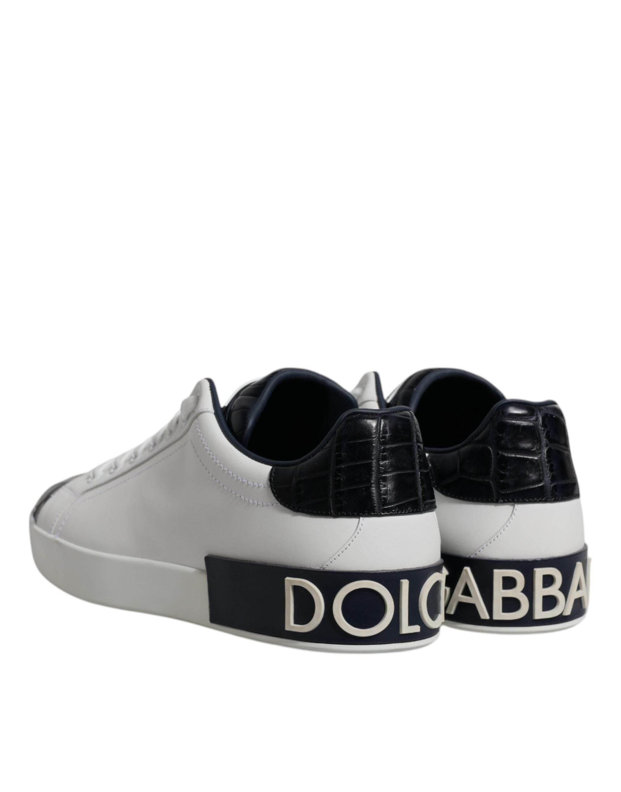 Dolce & Gabbana White Black Leather Portofino Sneakers Shoes - Hilstor