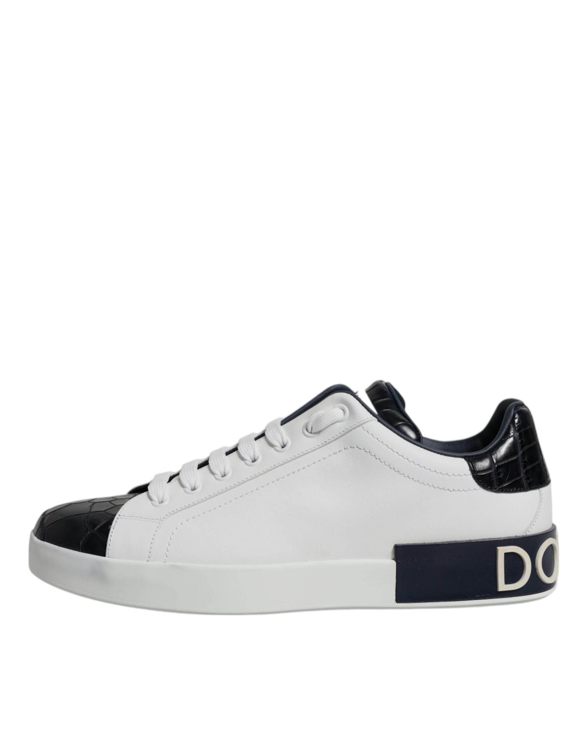 Dolce & Gabbana White Black Leather Portofino Sneakers Shoes - Hilstor