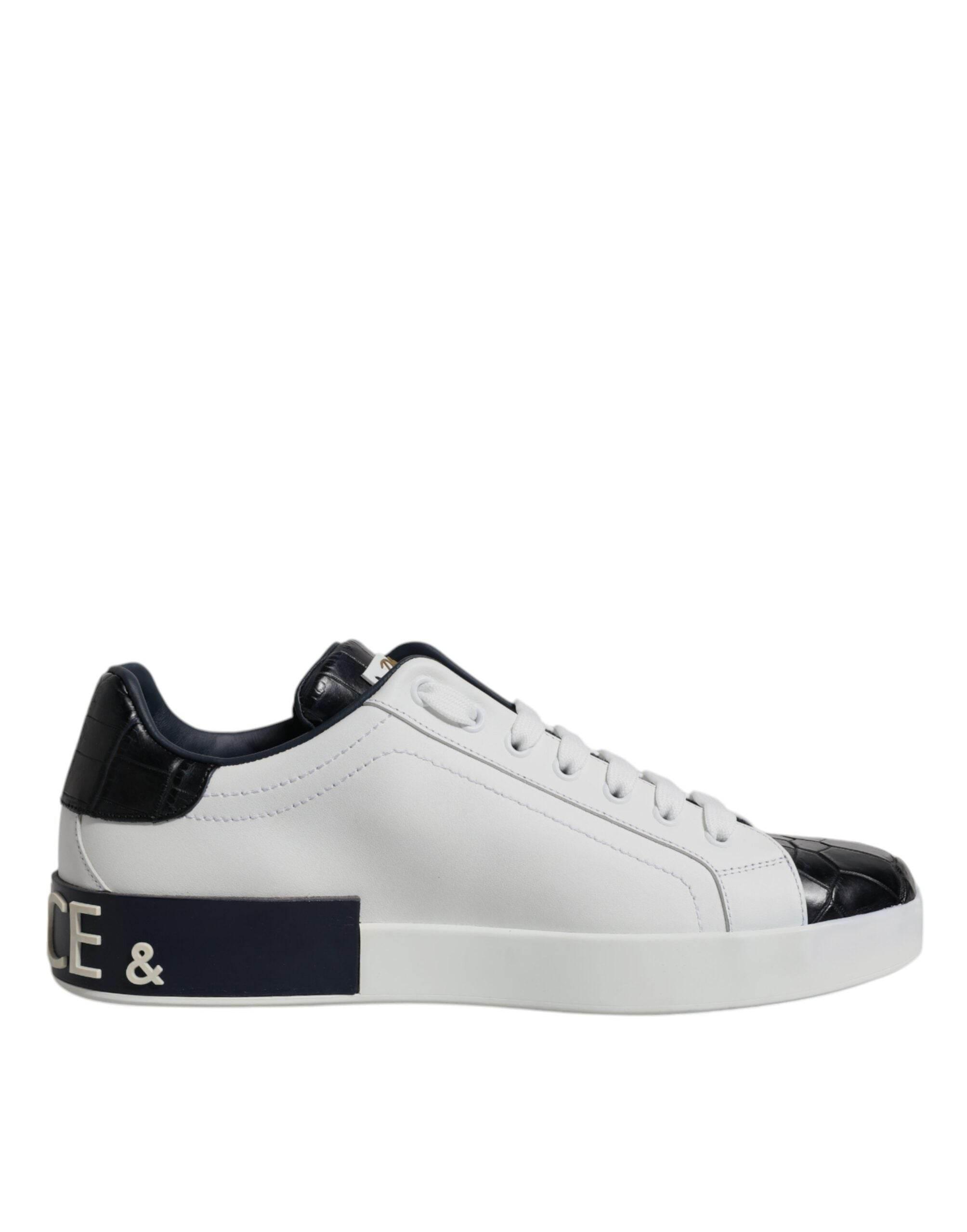 Dolce & Gabbana White Black Leather Portofino Sneakers Shoes - Hilstor