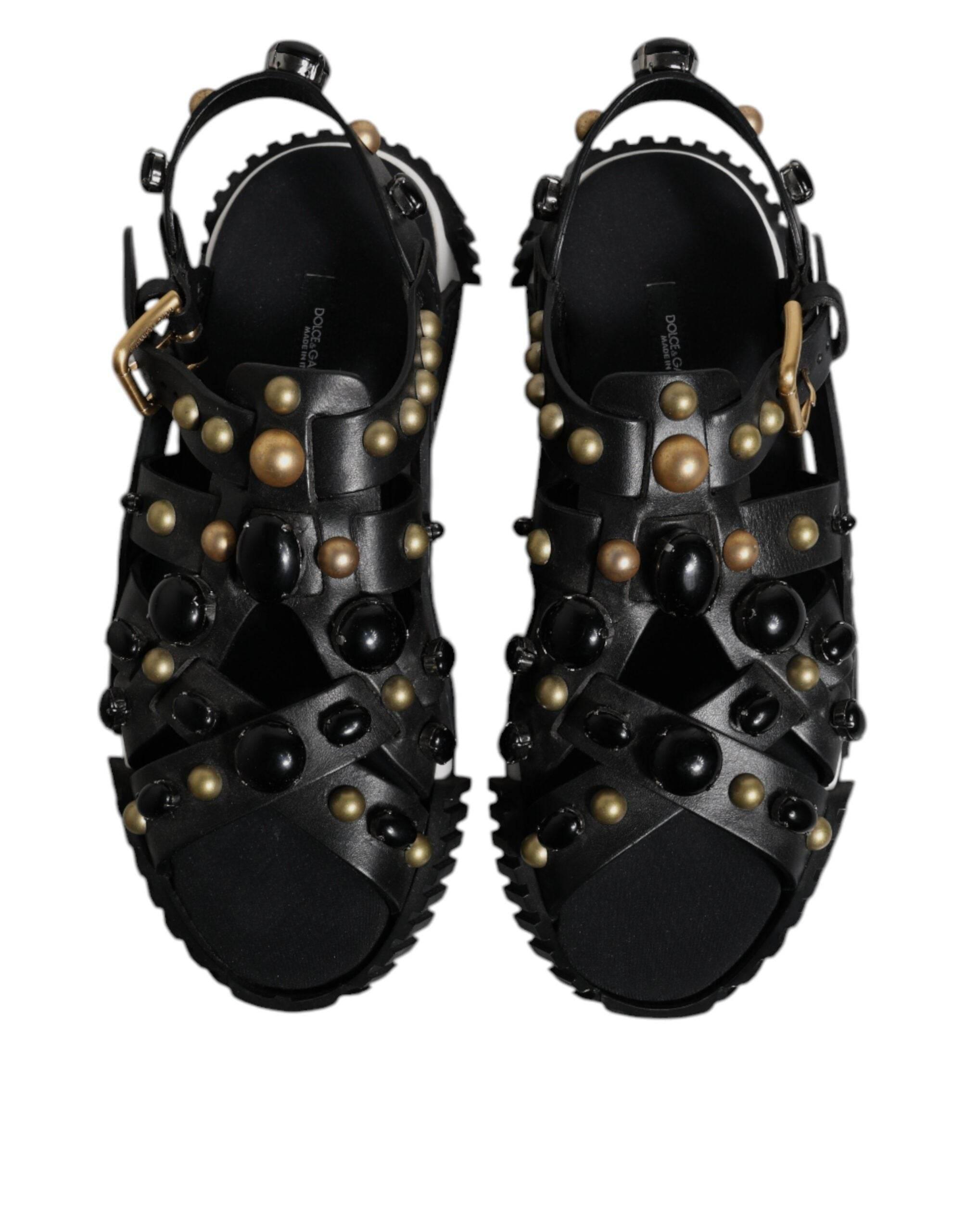 Dolce & Gabbana Black Leather Studded Slides Sandals Shoes - Hilstor