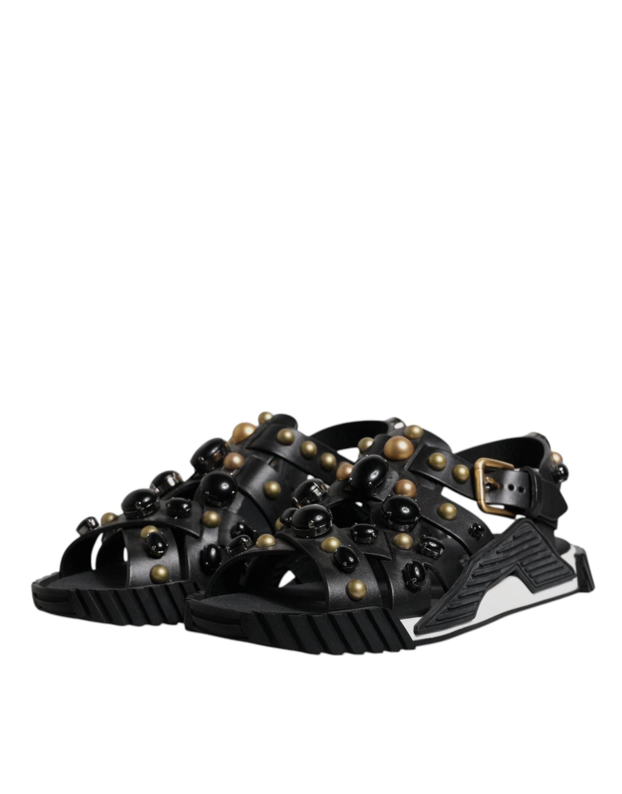 Dolce & Gabbana Black Leather Studded Slides Sandals Shoes - Hilstor
