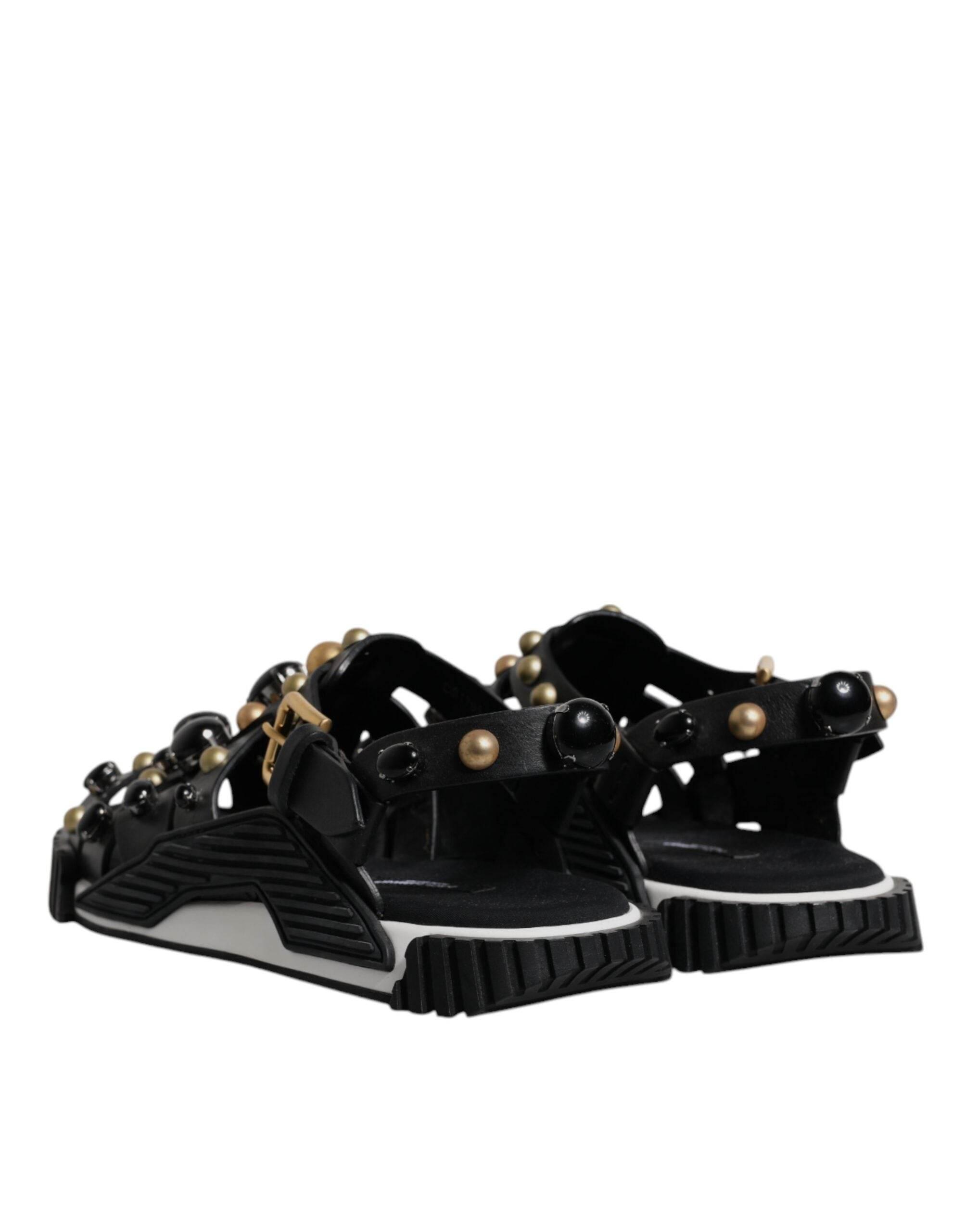 Dolce & Gabbana Black Leather Studded Slides Sandals Shoes - Hilstor