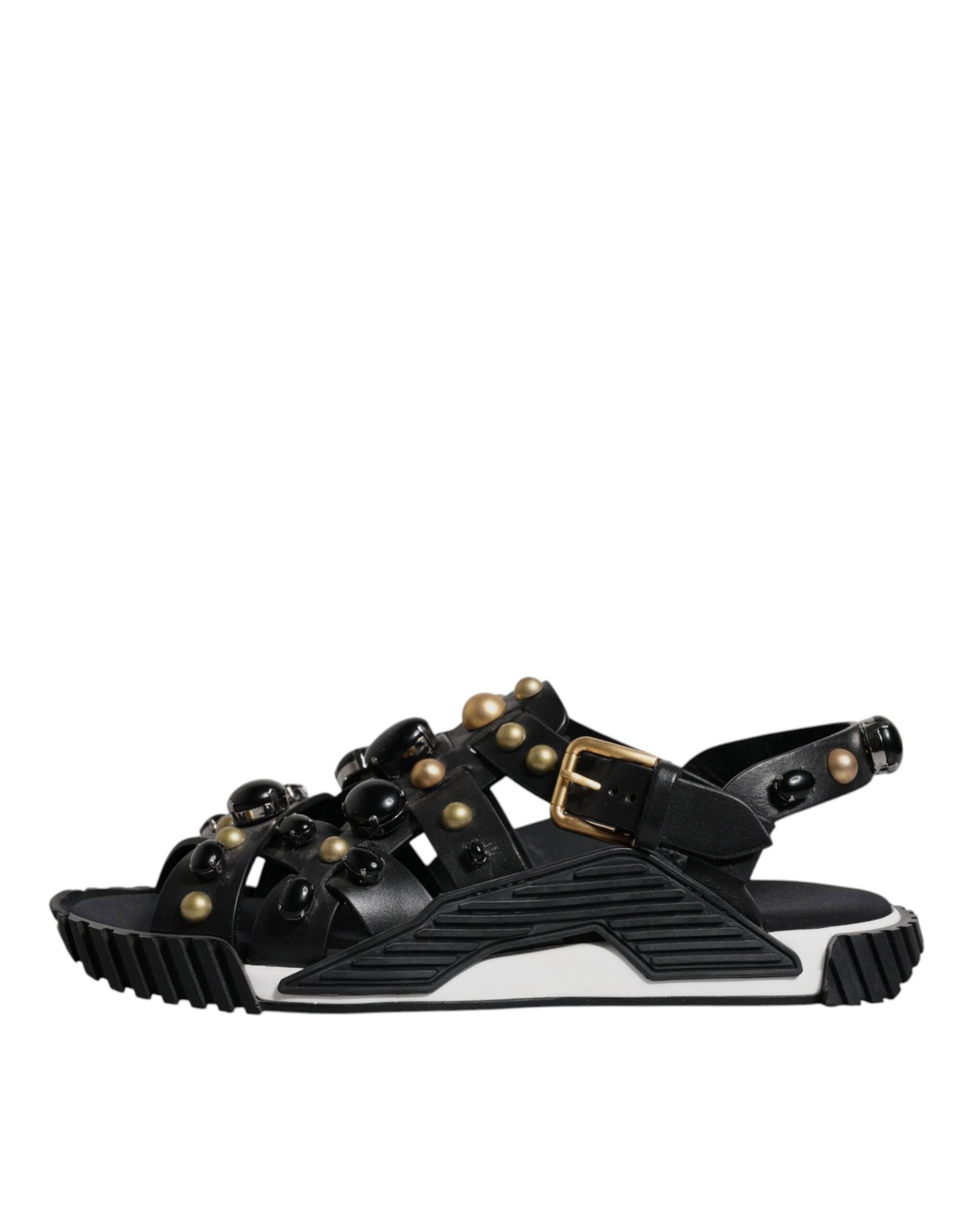 Dolce & Gabbana Black Leather Studded Slides Sandals Shoes - Hilstor
